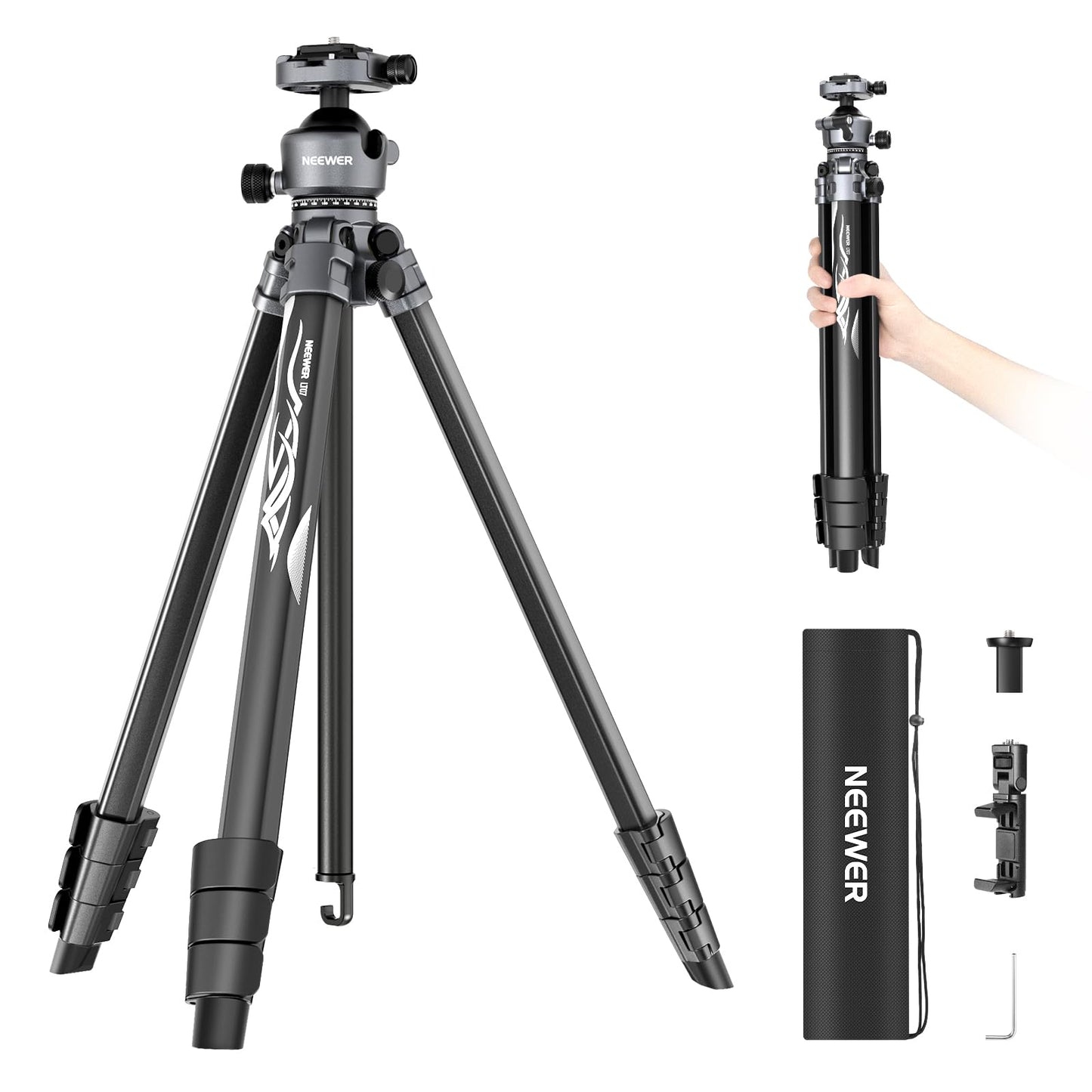 NEEWER LITETRIP LT07 61" Aluminum Travel Tripod, Camera Tripod with Pan Tilt Low Profile Ball Head Arca QR Plate compatible with Peak Design Tripod Plate V3, 2 in 1 Phone Clip Handle Max Load 22lb