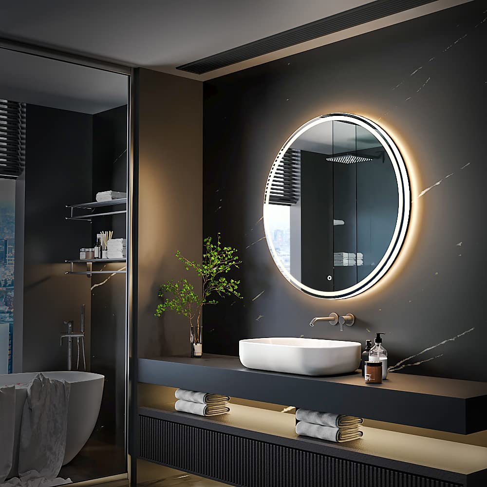 KWW 70cm LED Round Bathroom Vanity Mirror, Adjustable Color Temperature, Anti-fog Dimmable Lights, Wall Mounted Makeup Mirror with Smart Touch Button