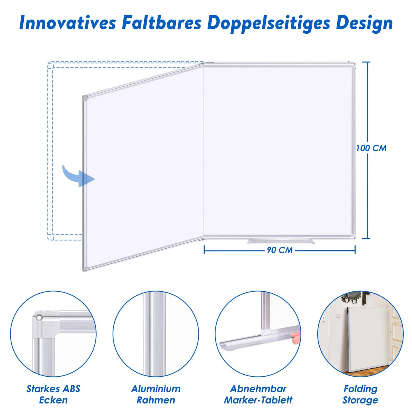 maxtek Whiteboard Magnetic 180 x 100 cm, Large Magnetic Board with Aluminum Frame and Detachable Tray, Dry Wipe on Both Sides, Magnetic Pin Board Suitable for Office, School, Home
