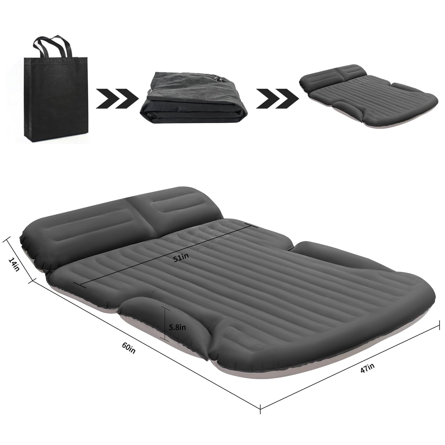 KMZ Car Mattress, 2 Pillows Car Air Mattress, Double-sided Thickened Flocked Auto Mattress Camping Inflatable Car Bed for Trunk Backseat (Dark Grey)