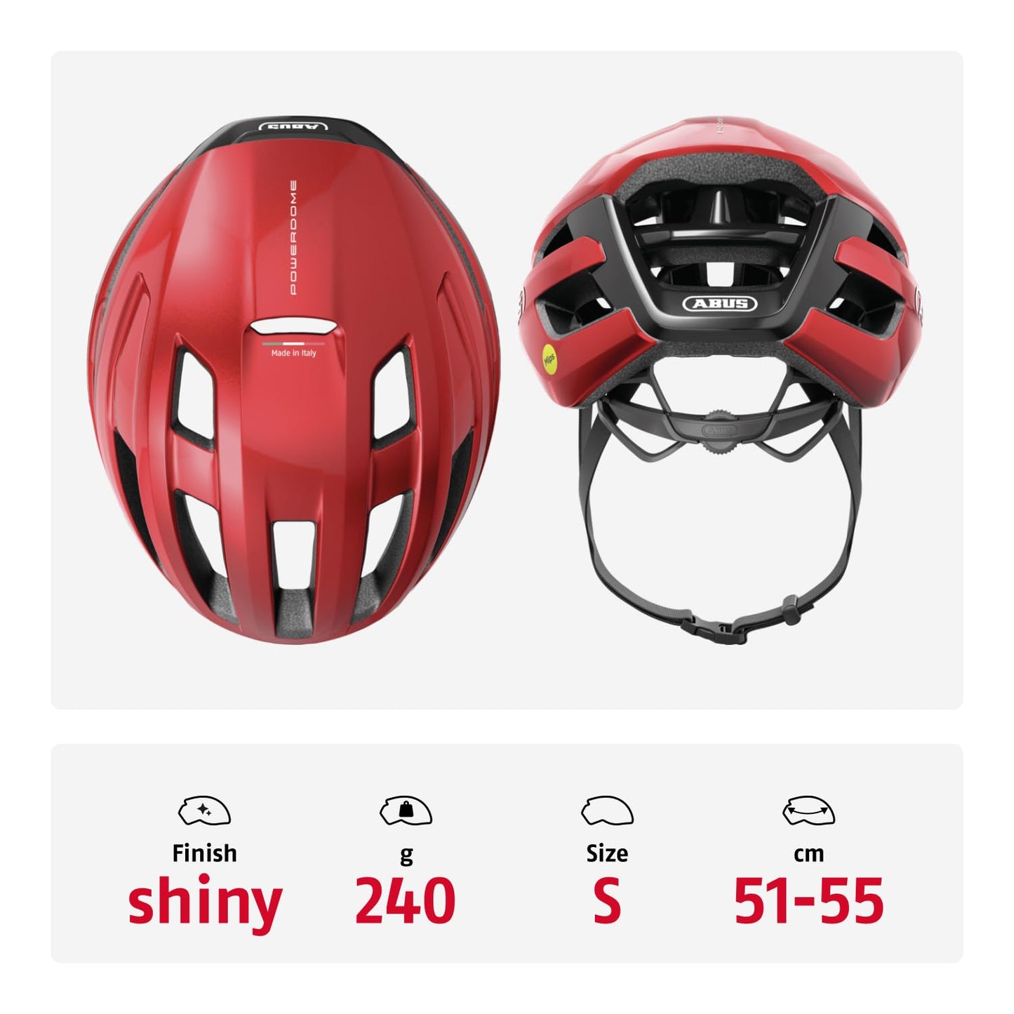 ABUS road bike helmet PowerDome MIPS - lightweight helmet with smart ventilation system and impact protection - Made in Italy - for men and women - Red, Size S