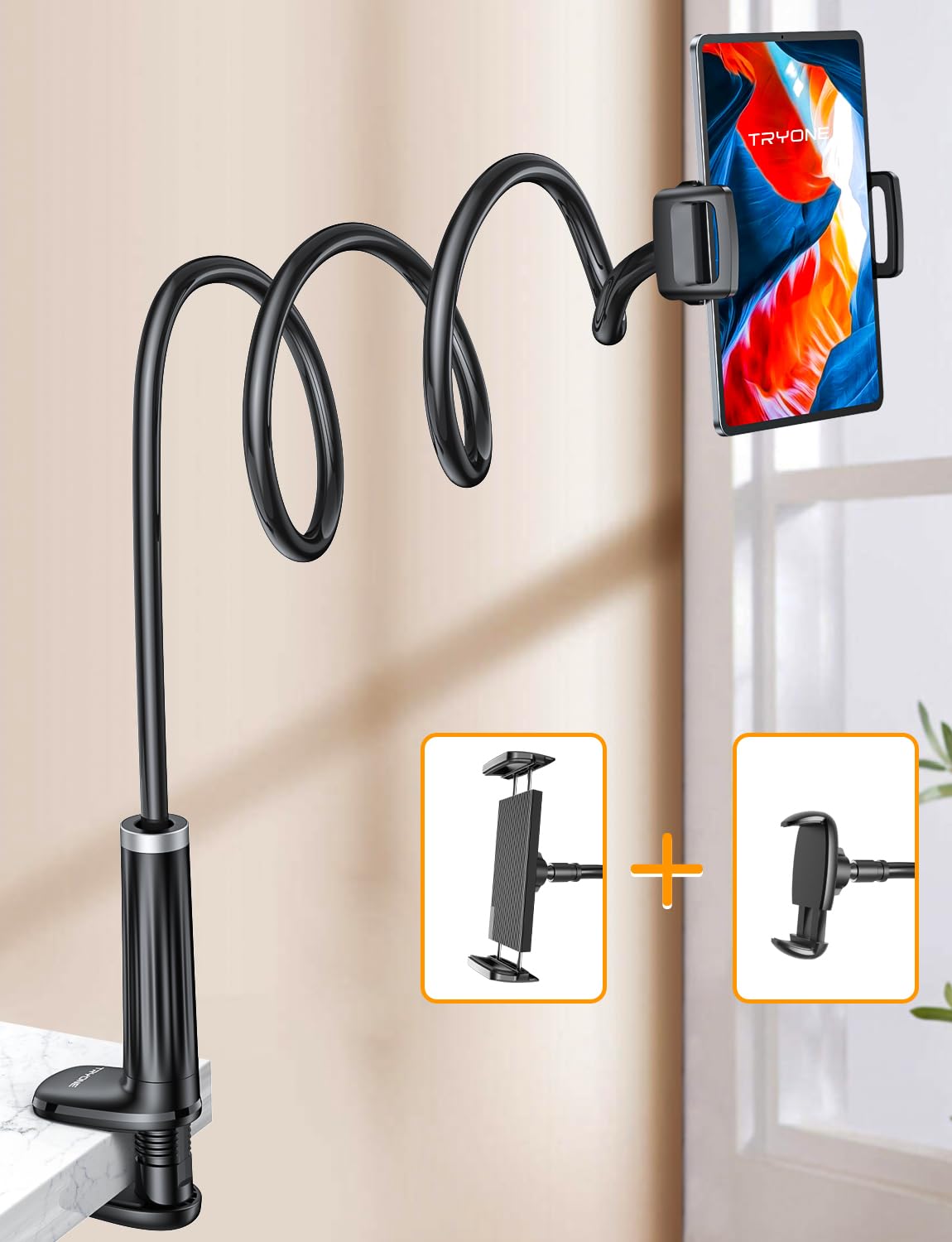 Tryone Gooseneck Tablet Holder for Bed: Tablet Stand with 360° Rotating Base and 2 Clips Phone Mount for Desk, Compatible with iPad Pro 12.9 Air Mini, Phone, or Other Devices from 4.7-12.9 Inches.