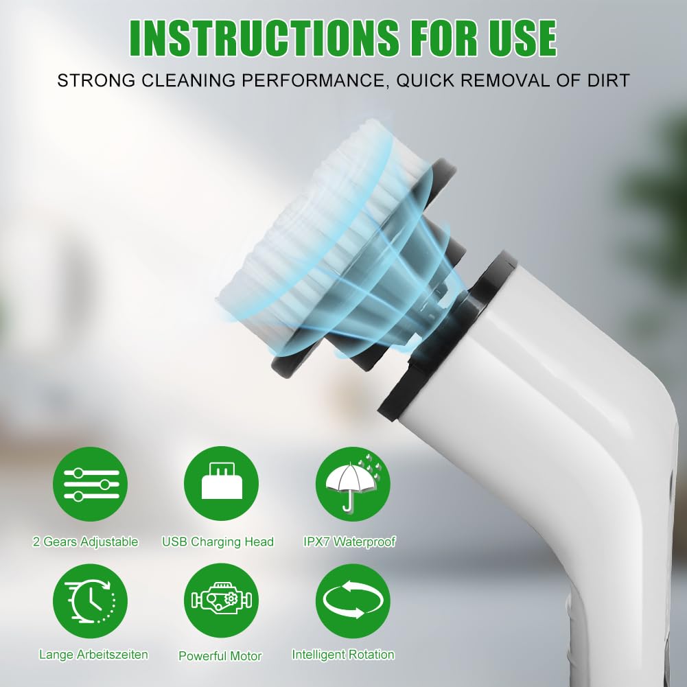 OSDUE Electric Cleaning Brush, 2024 New Electric Spin Scrubber Power Scrubber, Bathroom Cleaning Brush with 7 Replaceable Drill Brush Heads, with 137cm Adjustable Handle, for Tub, Floor.