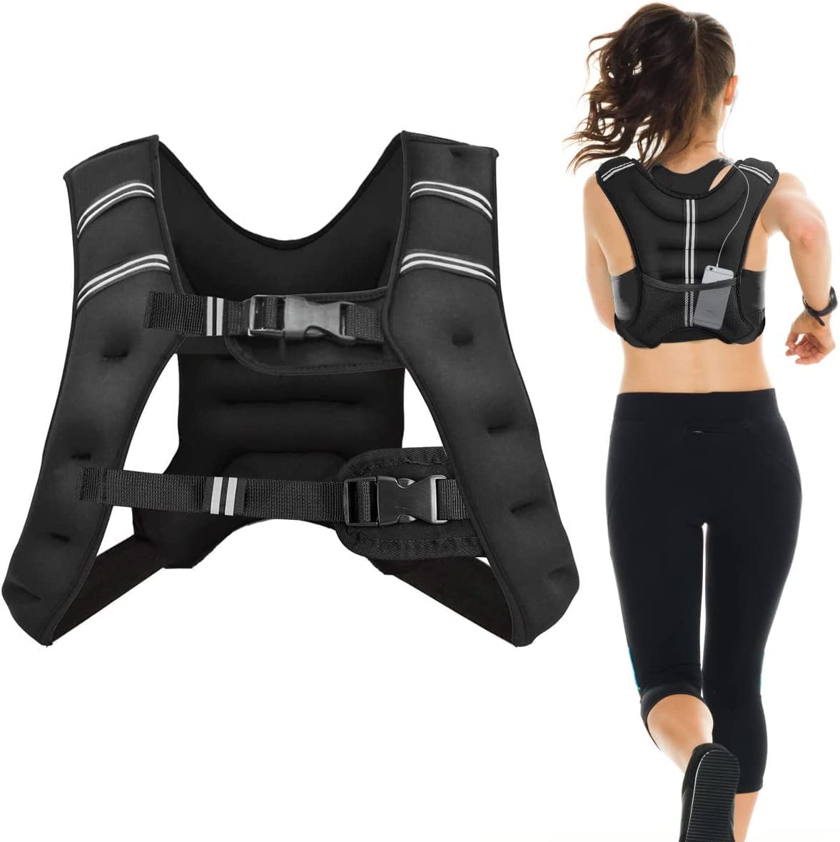GYMAX 15kg Weighted Vest Training Fitness Vest with Reflective Stripes Weight Vest Running Vest for Weight Training Strength Training Muscle Building Black