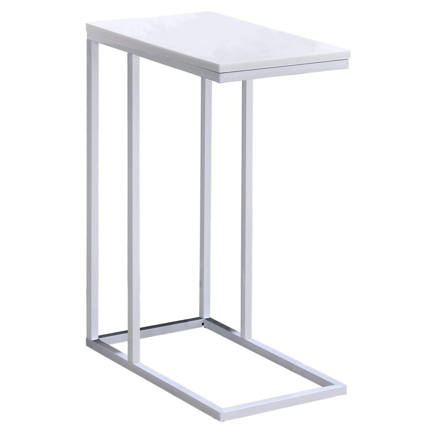 Side table Debora, practical living room table in C-shape, lovely coffee table with rectangular white tabletop, elegant sofa table with white metal frame.