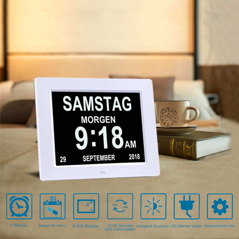 8-inch Digital Alarm Clock, Digital Calendar Day Clock, Alarm Clock Multiple Modes with Reminder Function for Seniors, Dementia such as Alzheimer's Patients, Large Font Electronic Calendar Day Clock - White