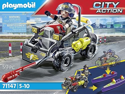 PLAYMOBIL City Action 71147 SWAT Multi-Terrain Quad, convertible SWAT speedboat, toy for kids ages 5 and up.