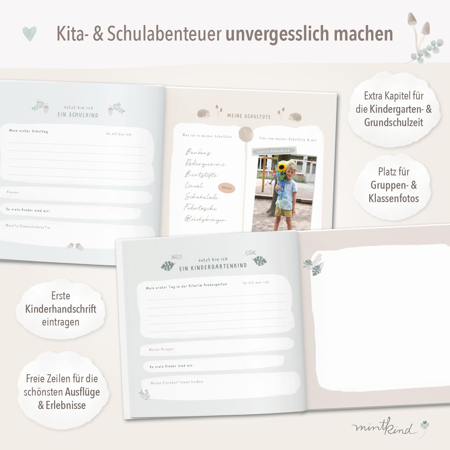 mintkind® Childhood Memory Album Beige, Baby Book with Sticker Set, Birth Gift, Children's Photo Album, Diary for Entries, Memory Book 0-10 Years, Hardcover Album