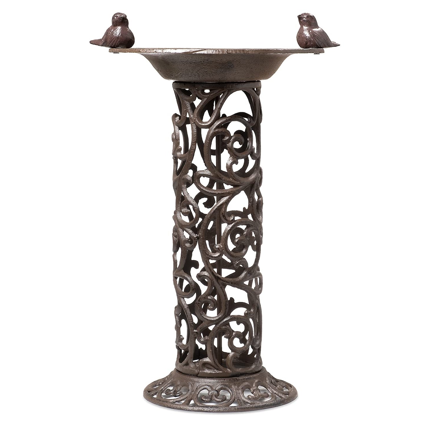 Large bird bath with decorative birds made of cast iron. Metal water bowl for feeding and garden decoration.