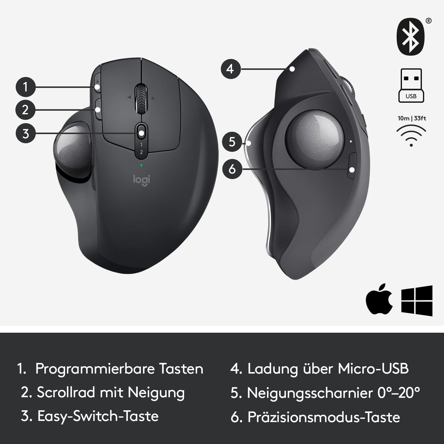 Logitech MX Ergo Wireless Ergonomic Trackball Mouse, 2.4GHz connection via Unifying USB receiver, 4-month battery life, adjustable angle, multi-device, PC/Mac/iPadOS - Graphite