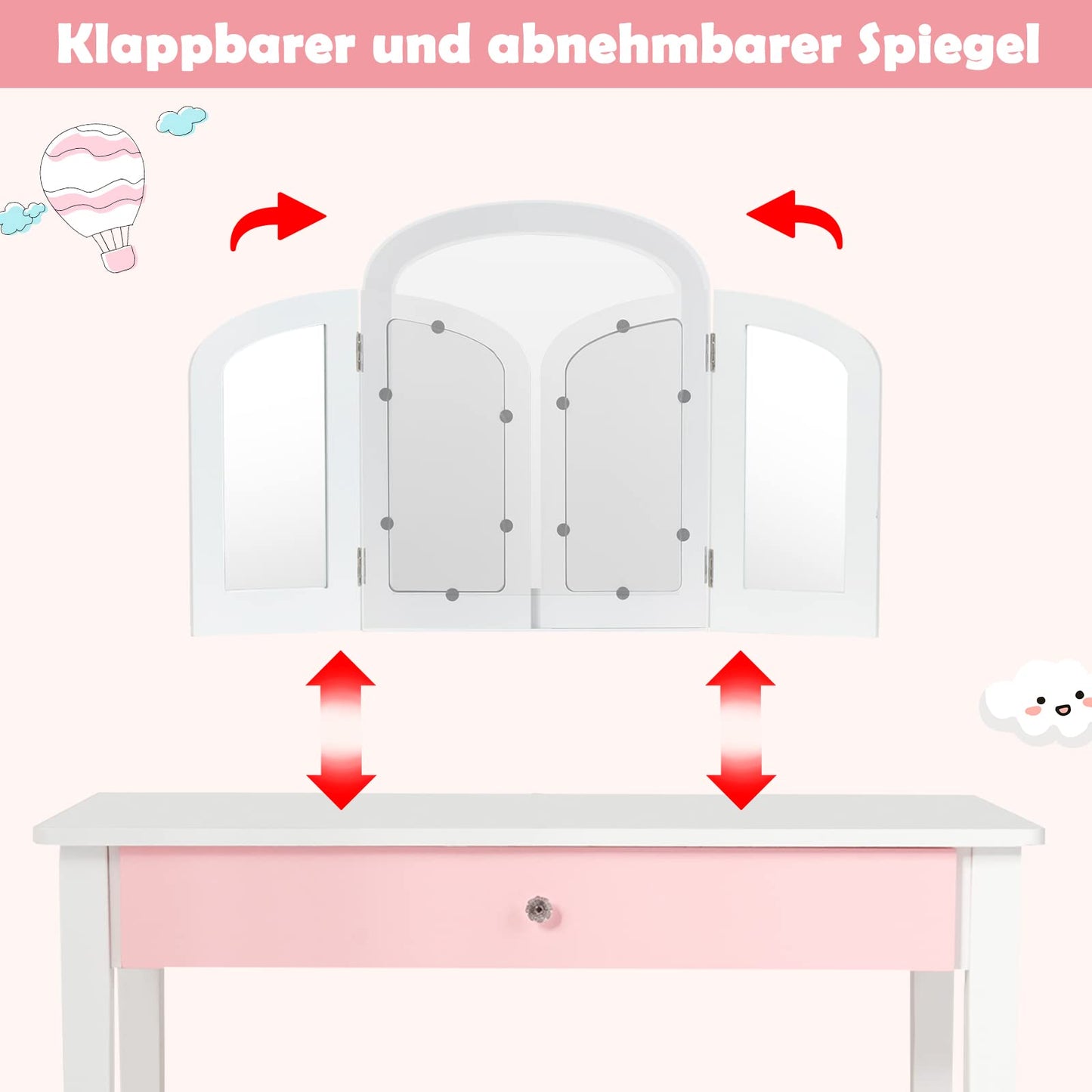 GOPLUS 2 in 1 Kids Vanity Table, Dressing Table & Chair, Makeup Table with Removable 3-Fold Mirror & Drawer, Padded Stool, made of wood, in country style, Children's Vanity Table for Girls (White)