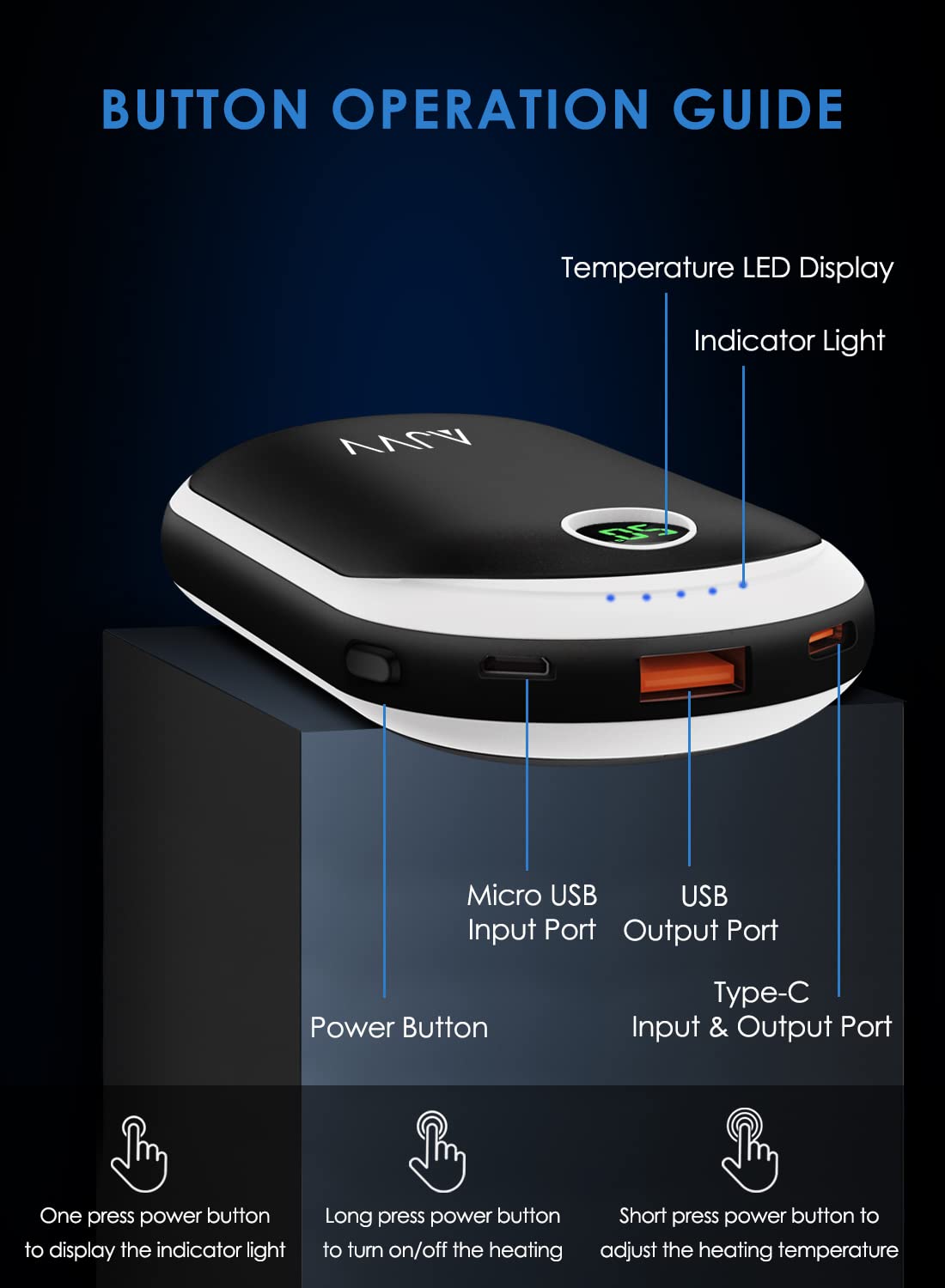 Rechargeable hand warmer, USB pocket heater with 10000mAh portable power bank. Digital electric hand warmer with 3 heat levels. Winter gifts for women, men, families, outdoor sports.