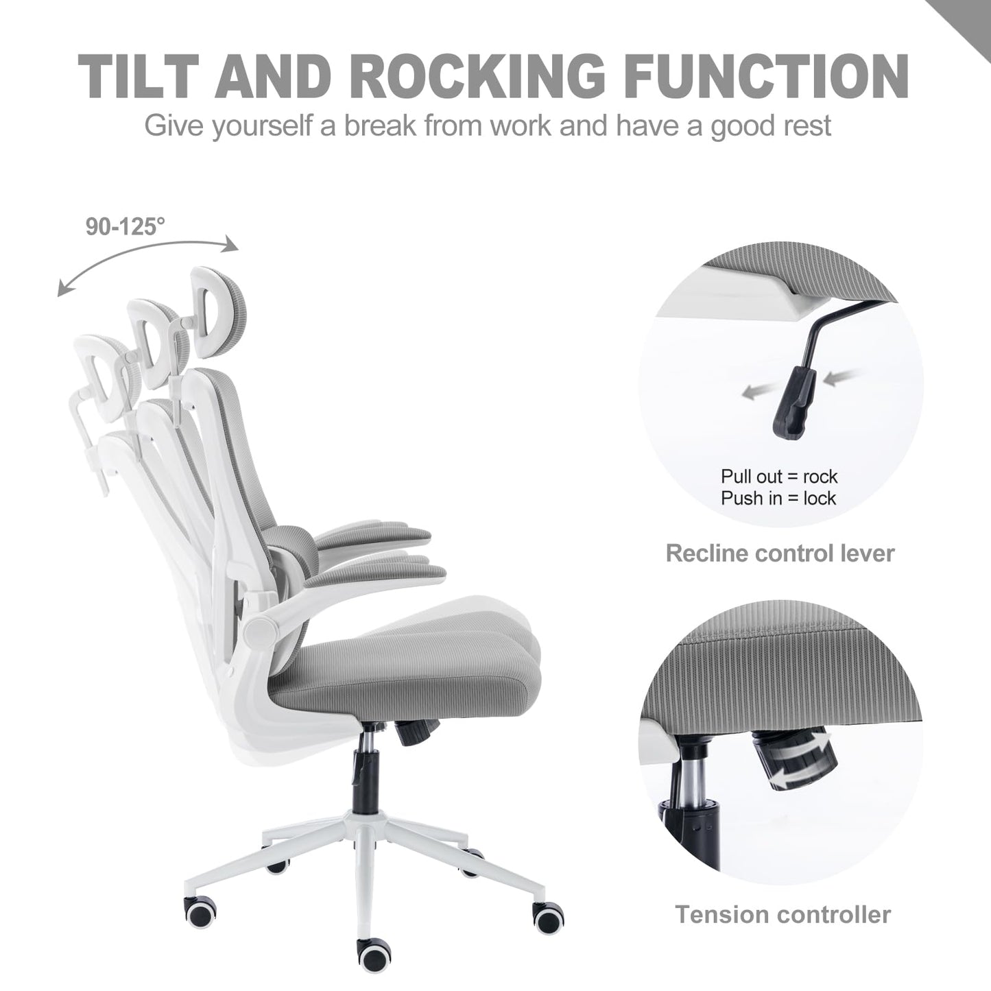 LIYURUI Ergonomic Office Chair, Adjustable Desk Chair with Headrest/self-adaptive Lumbar Support/padded flip-up Armrest, breathable 125° Rocking 360° Swivel Chair, gray