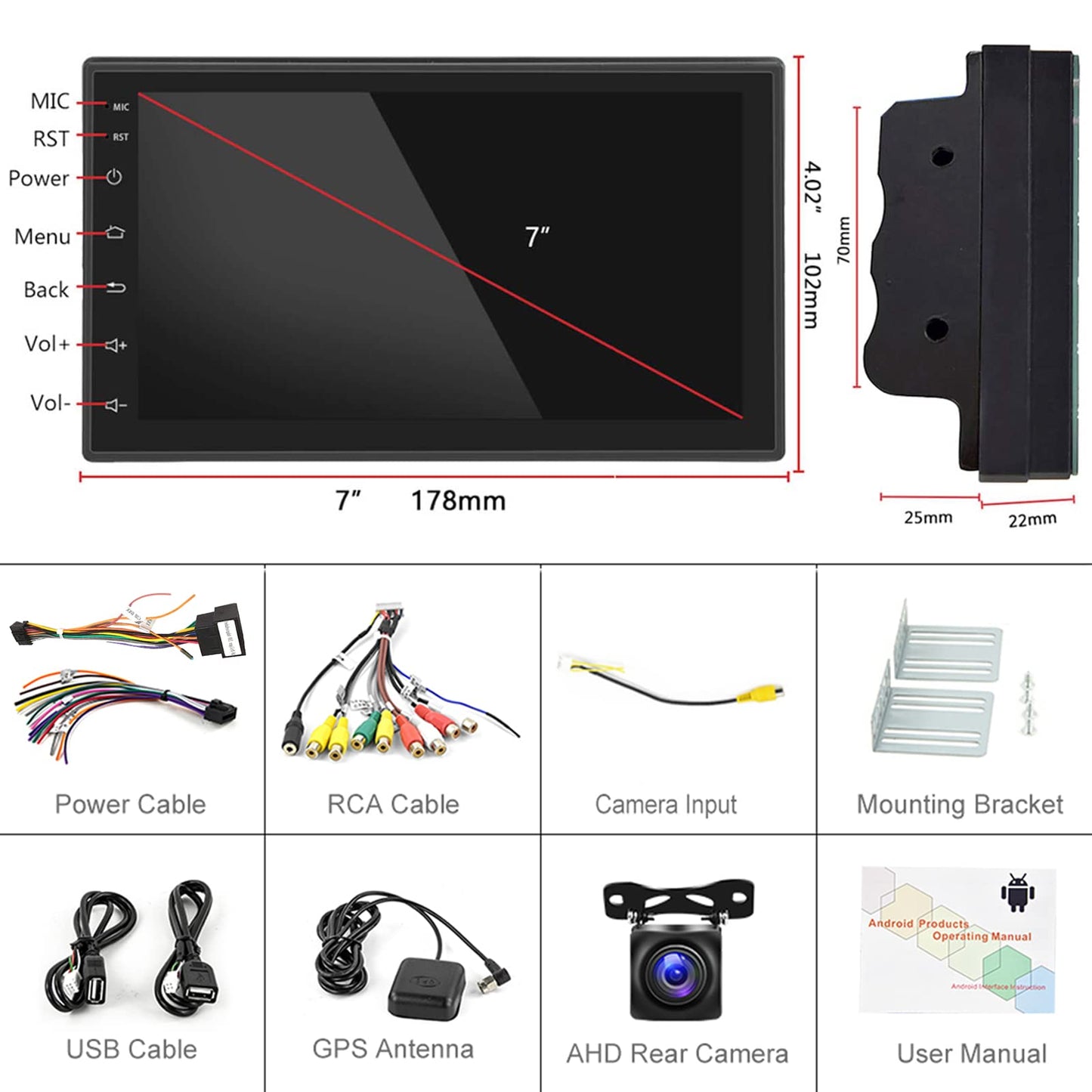 Android double DIN car stereo with Carplay, wireless Android Auto, 7-inch touchscreen, Bluetooth/GPS navigation, FM RDS radio. Car multimedia player with WiFi, USB, and rearview camera.
