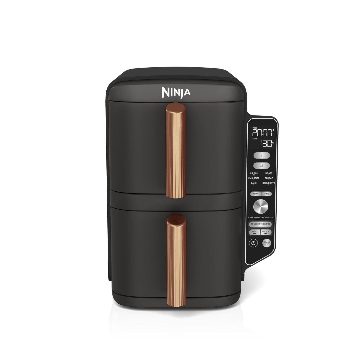 Ninja Double Stack XL Air Fryer, 2 vertical drawers, 4 cooking levels, space-saving design, 9.5L capacity, 6 functions, 8 portions, tongs, Black/Copper SL400EUCP