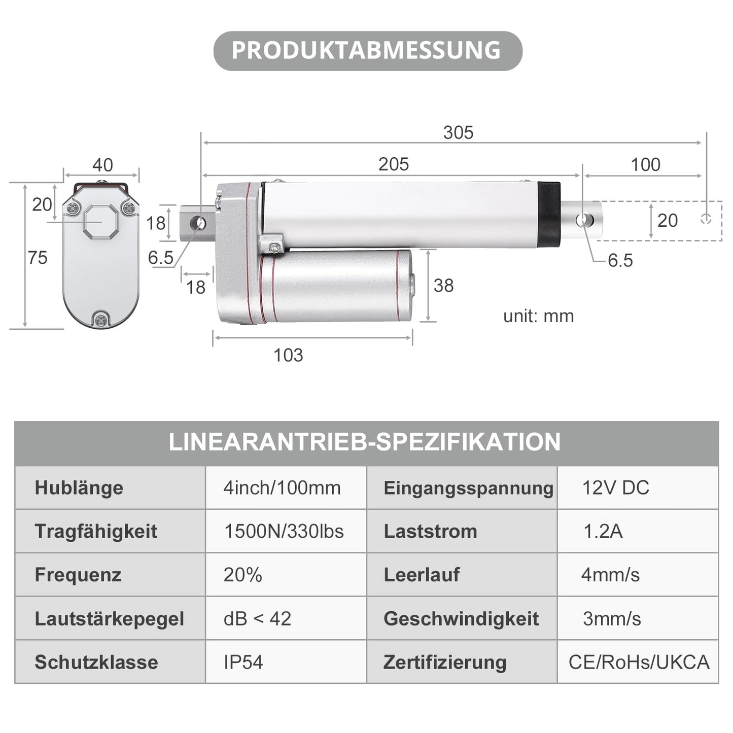 Justech linear motor linear drive 12V spindle drive actuator adjustable drive gate opener linear actuator motor DC 1500N 100mm linear technology electric motor putter DC motor for car furniture etc.