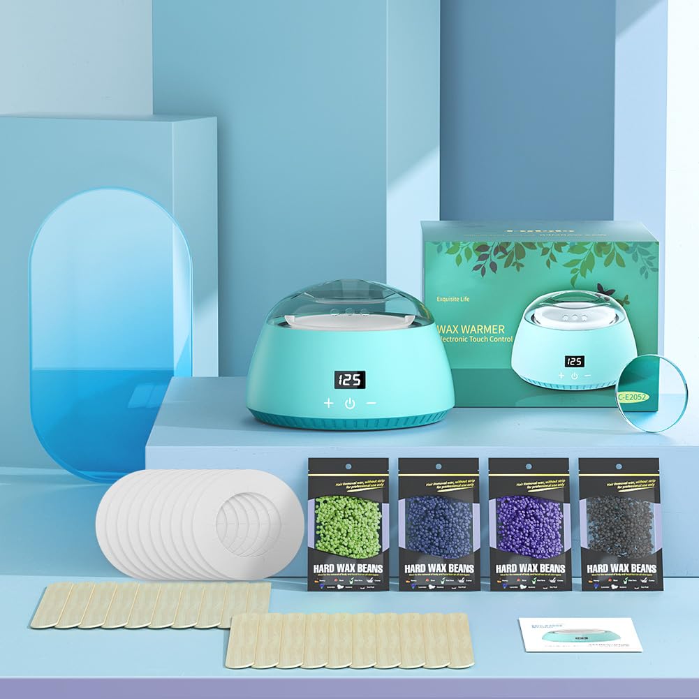 Professional waxing kit with LCD display, silicone bowl, wax warmer, 400g wax beads, 20 wooden spatulas, 10 paper rings for at-home hair removal by CITHOT (Blue).