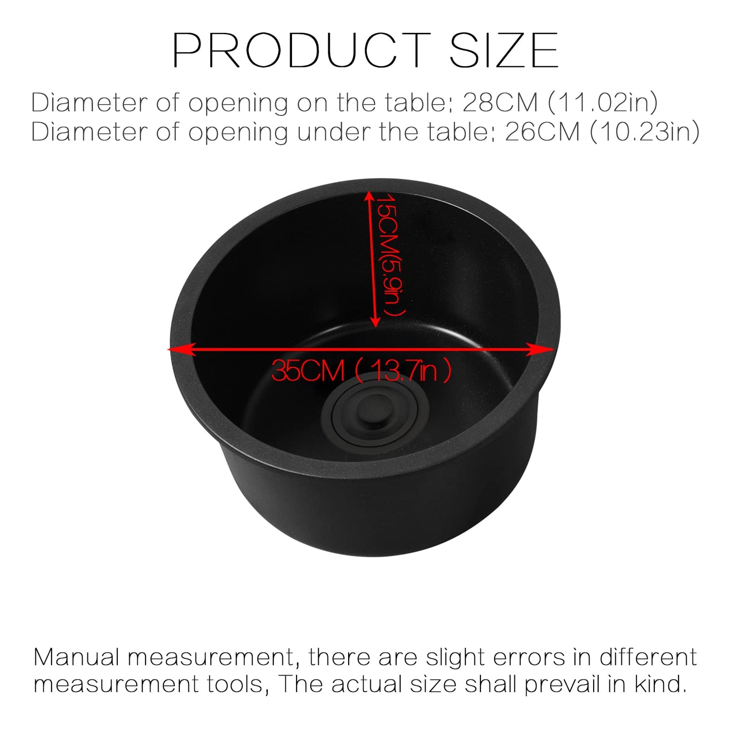 Black Round Washbasin Kitchen Renovation Basin Round Single Washbasin Small Washbasin Round Basin for Bathroom Vegetable and Dishwashing Sink Washing 1 Basin