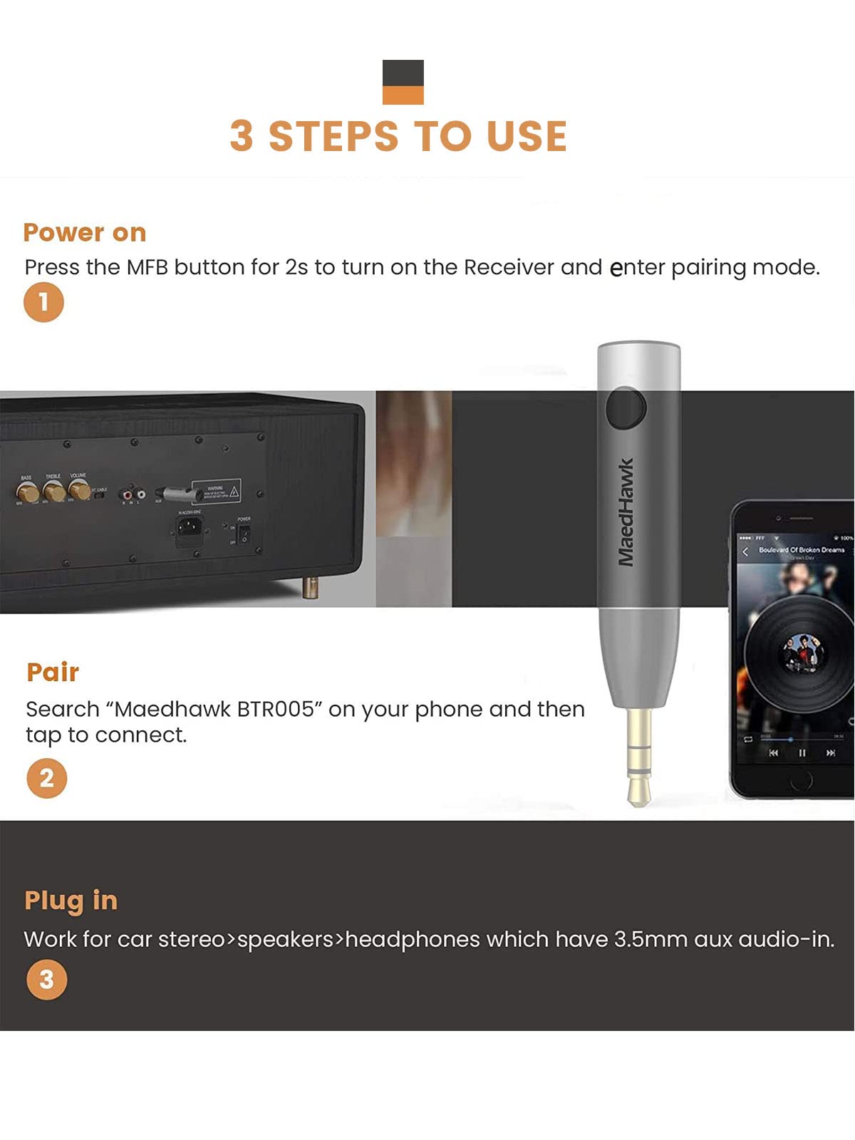 MaedHawk Aux Bluetooth Adapter Car, BT5.0 Audio Receiver, 3.5mm Aux in Car Kit (Hands-free calls, Dual connection with 2 smartphones) For car radio music, headphones, speakers-BTR005