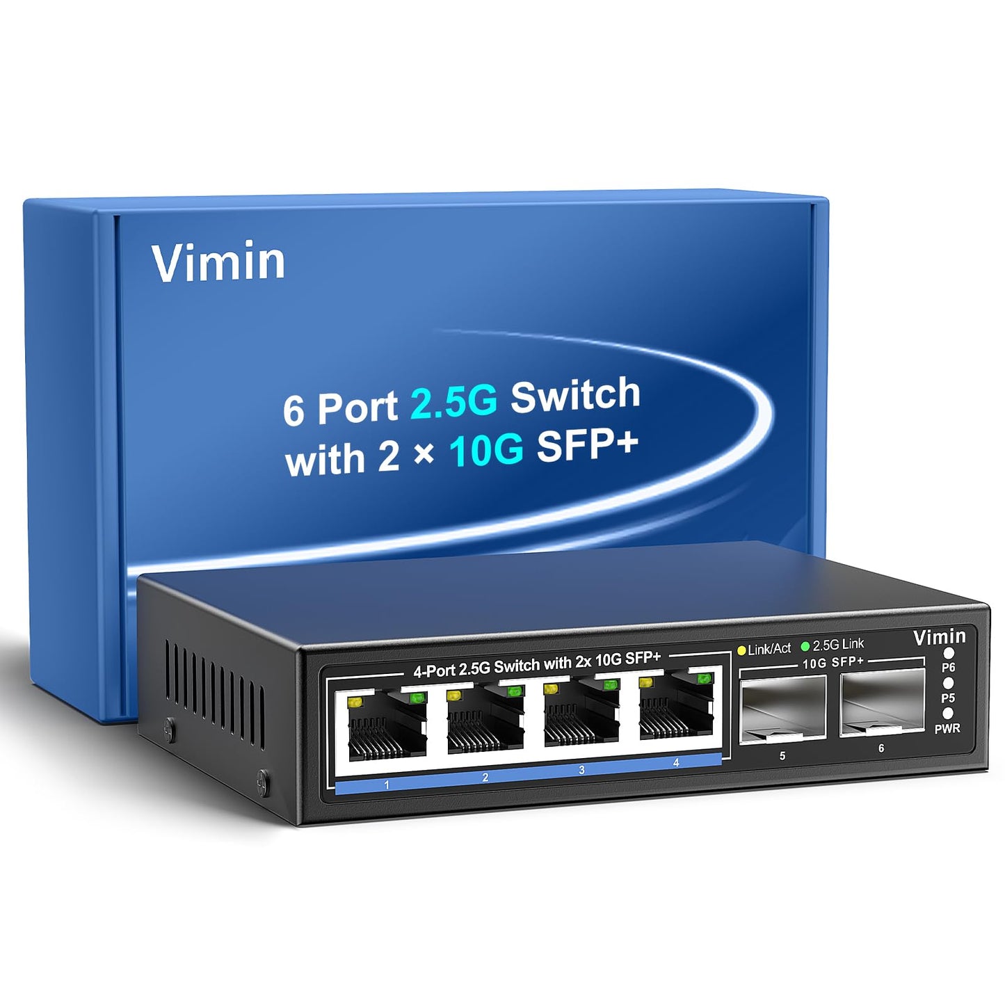 6 Port 2.5G Unmanaged Network Switch, VIMIN 4X 2.5Gbase-T Ports, 2X 10G SFP+ Port, 60Gbps Switching Capacity, IEEE802.3, Metal Housing, Fanless, suitable for 2.5Gbps NAS, Wireless AP & PC.