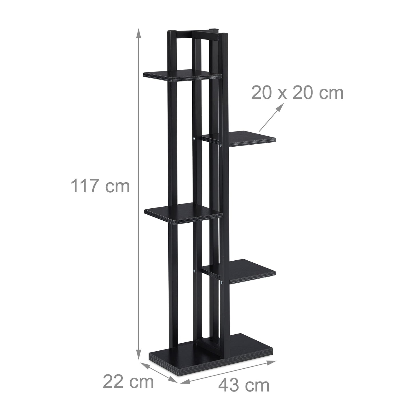 Relaxdays plant stand, flower shelf with 5 tiers, H x W x D 117 x 43 x 22 cm, steel and MDF, indoor flower rack, black