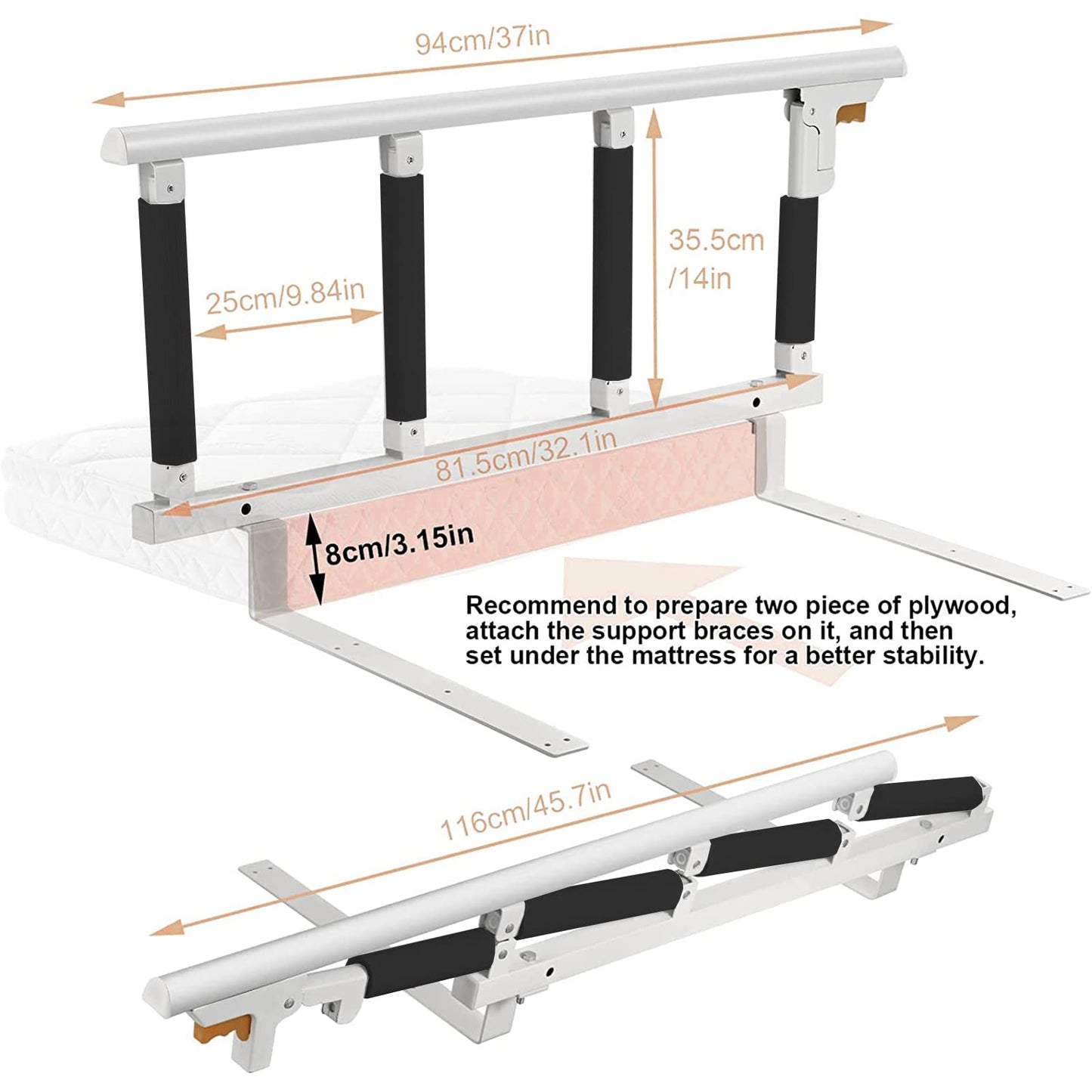 Swociro Folding Bed Rail Safety Side Guard for Elderly, Adults Support Handle Protection Rail Handicap Bedrail Hospital, With Storage Bag (White, 96x40cm)