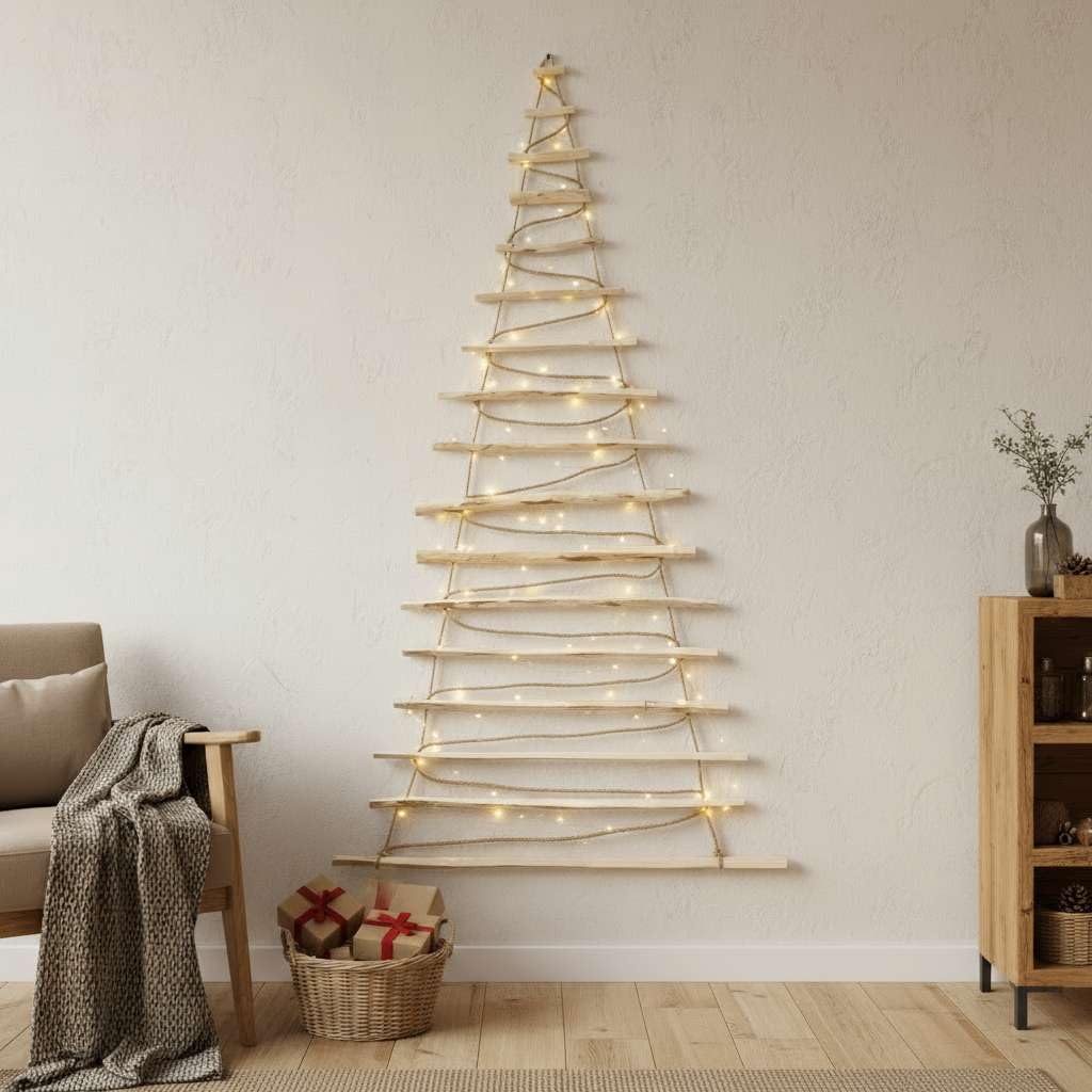 Handmade Christmas tree 205 cm high, made of hazelnut wood | Decorative ornaments | with 10m LED lights | Wooden plates connected by a 6mm thick jute rope.
