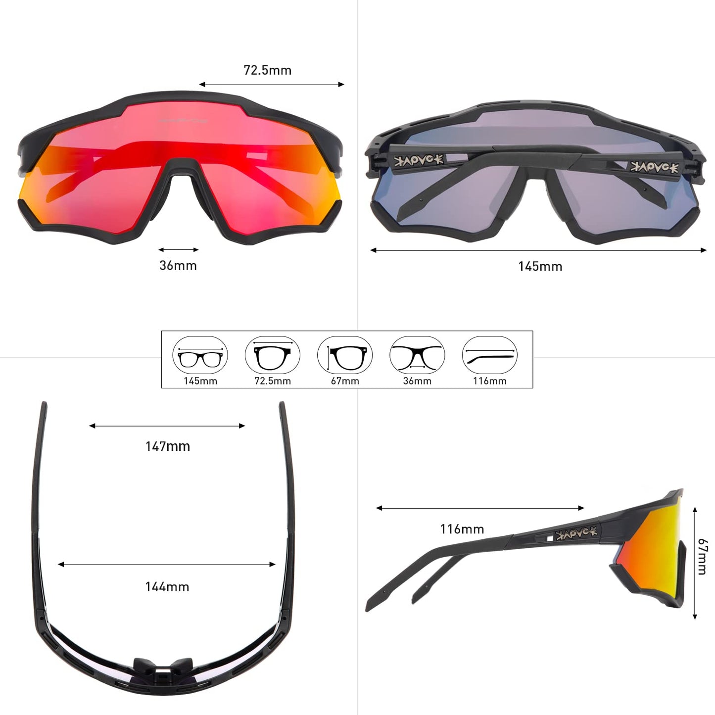 KAPVOE Polarized Cycling Glasses with 4 interchangeable lenses TR90 frame for men women outdoor sports cycling MTB sports sunglasses biking glasses driving fishing running baseball Blue Black 01