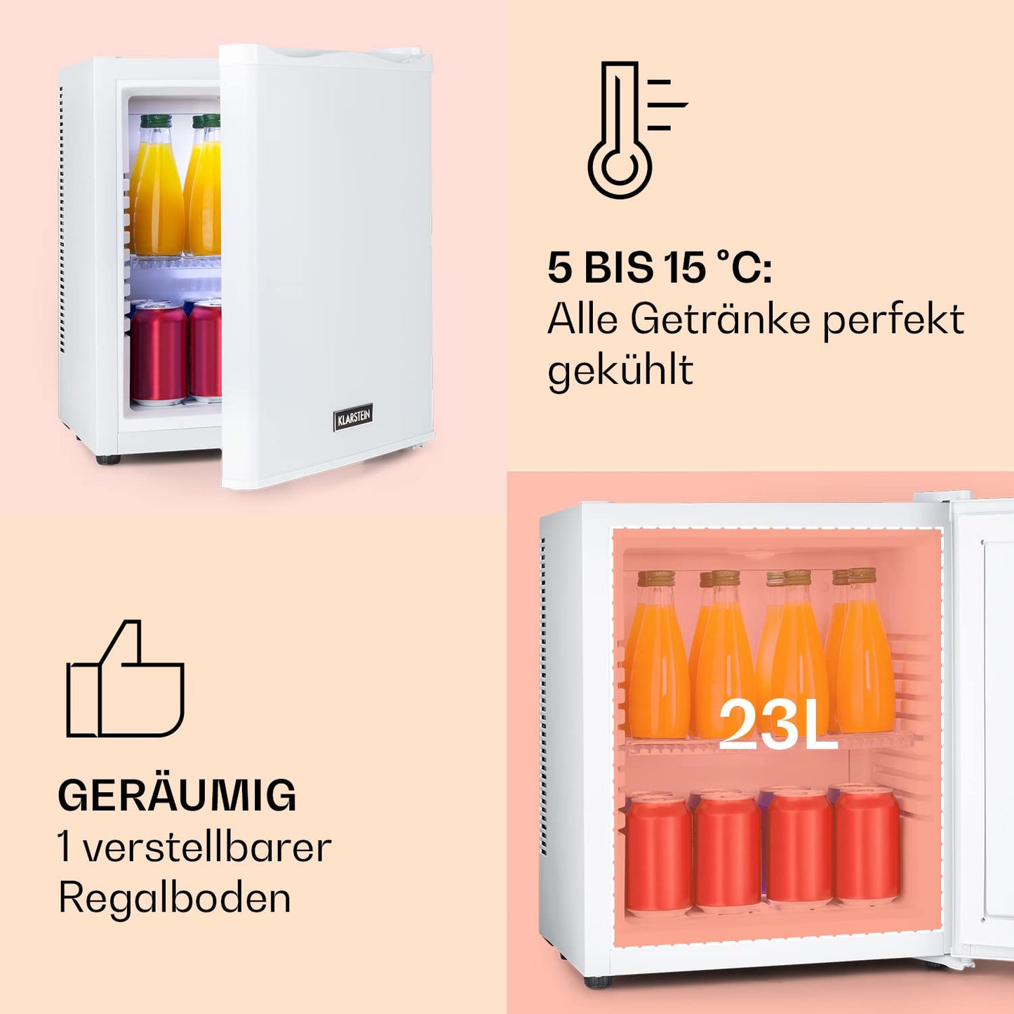 Klarstein Mini Fridge for Room, 23L Mini Fridge for Drinks & Cosmetics, Small Mini Bar, Fridge Small & Quiet, Adjustable Shelf, Small Skincare Fridge 5-15°C.