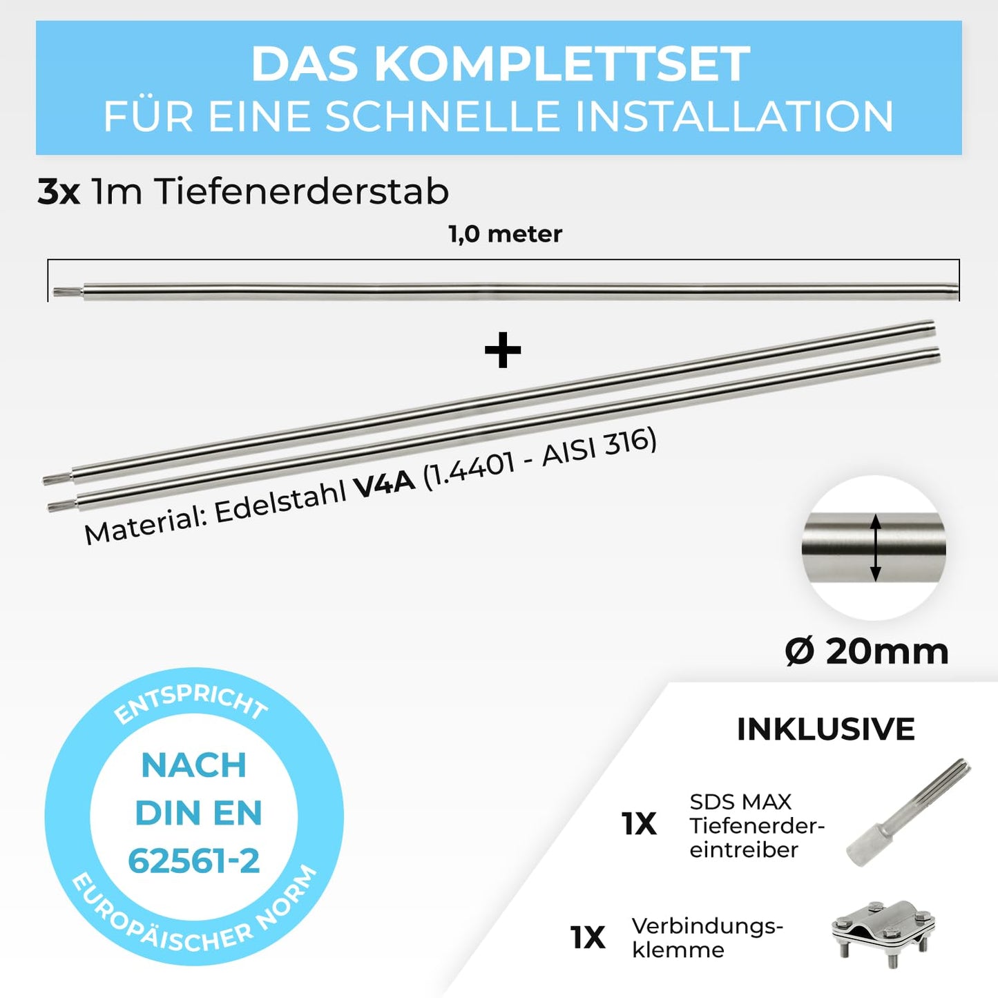 GRAFT grounding rod set made of V4A stainless steel | 3x1m grounding rods | 20mm diameter | Includes SDS-Max driver & connection clamp | Lightning protection for PV system | Grounding | House grounding | Grounding spike