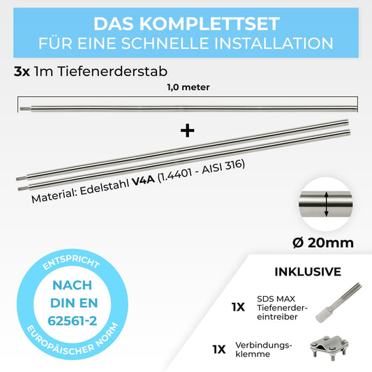 GRAFT grounding rod set made of V4A stainless steel | 3x1m grounding rods | 20mm diameter | Includes SDS-Max driver & connection clamp | Lightning protection for PV system | Grounding | House grounding | Grounding spike