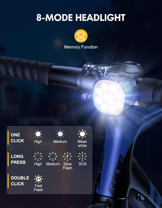 2 pieces of bicycle light, High Lumen Super Bright Bicycle Light, 8+7 modes bike headlight and taillight set, IP65 waterproof bike lights, can also be used as stroller light/helmet light/backpack light.