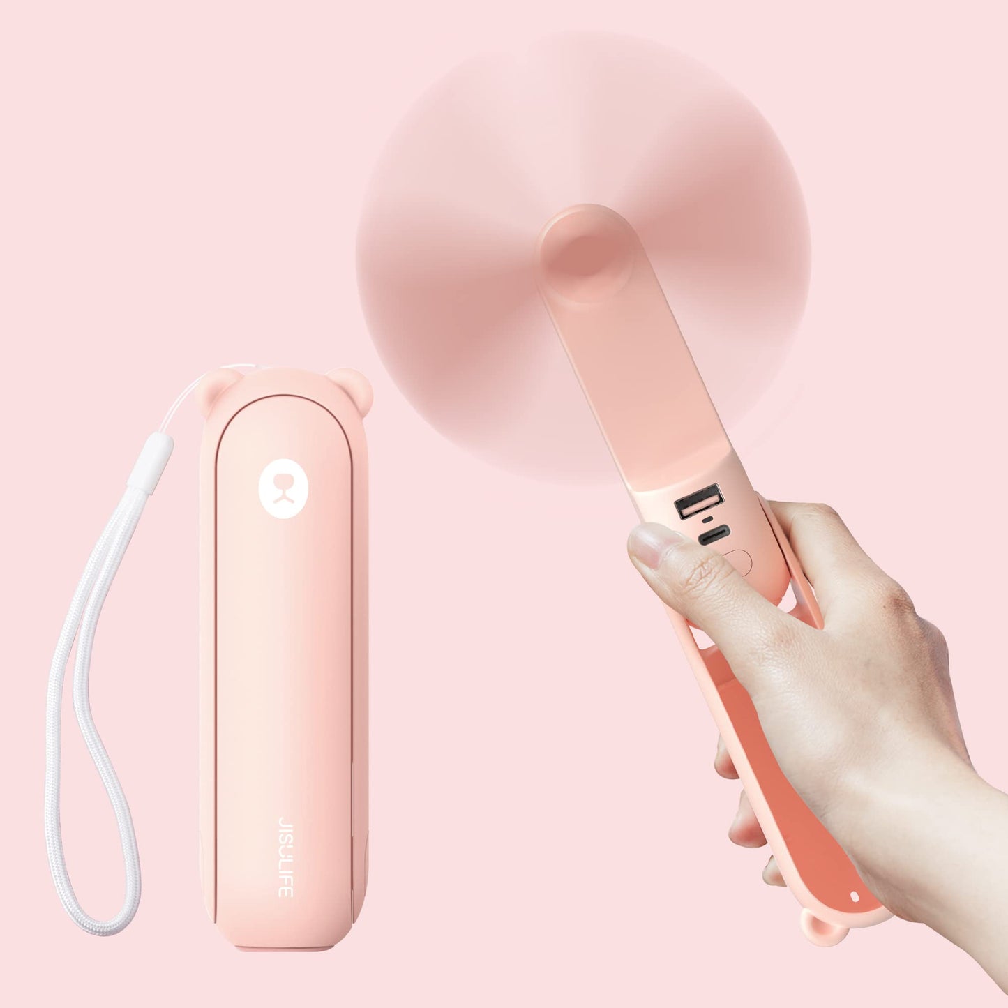 JISULIFE Handheld Fan Mini Fan 3 IN 1, with 4500 mAh Power bank USB Battery Small, Battery-operated Max 37Hrs Runtime Portable Fan, Flashlight Function-Pink