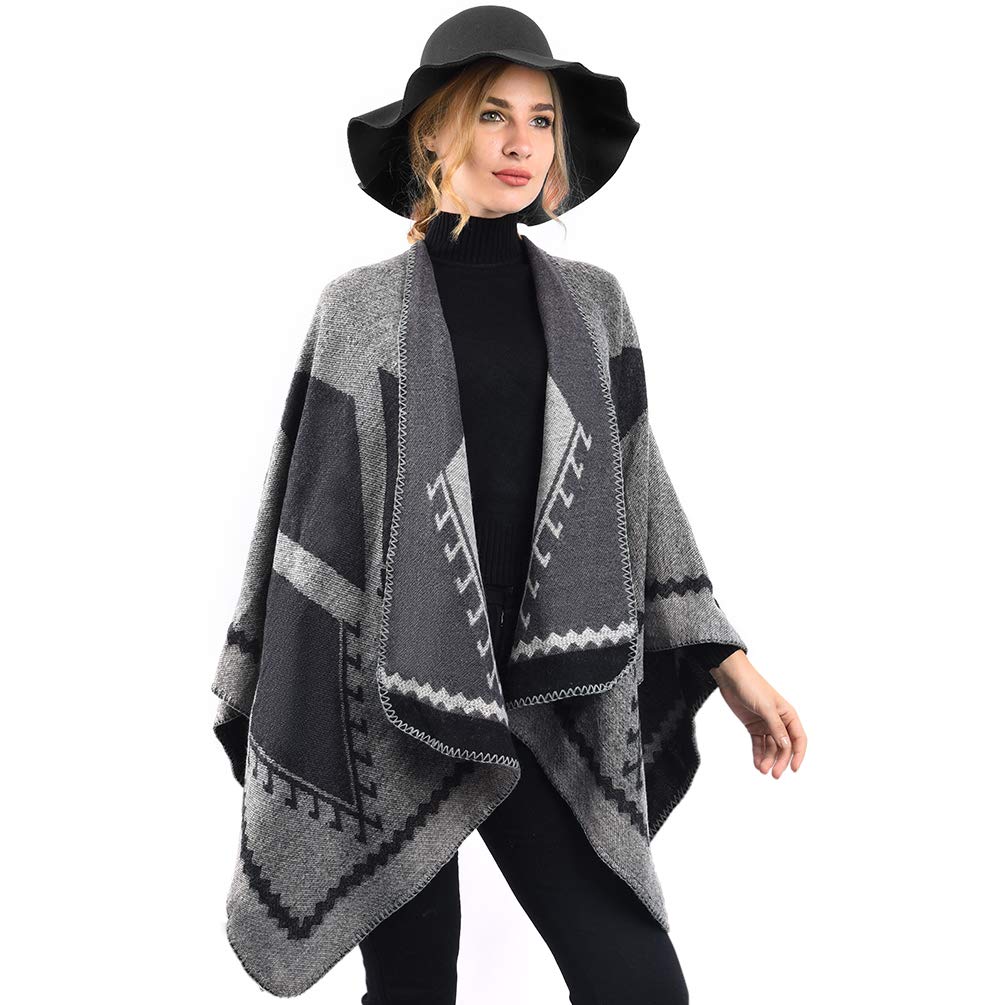Winter Warm Poncho Scarf Wrap - Autumn Open Front Cape Windproof Knit Wool Coat Blanket Cap-Scarf Oversized Winter Blanket Reversible Thick Cardigan Coat for Women Girls Festive Gifts
