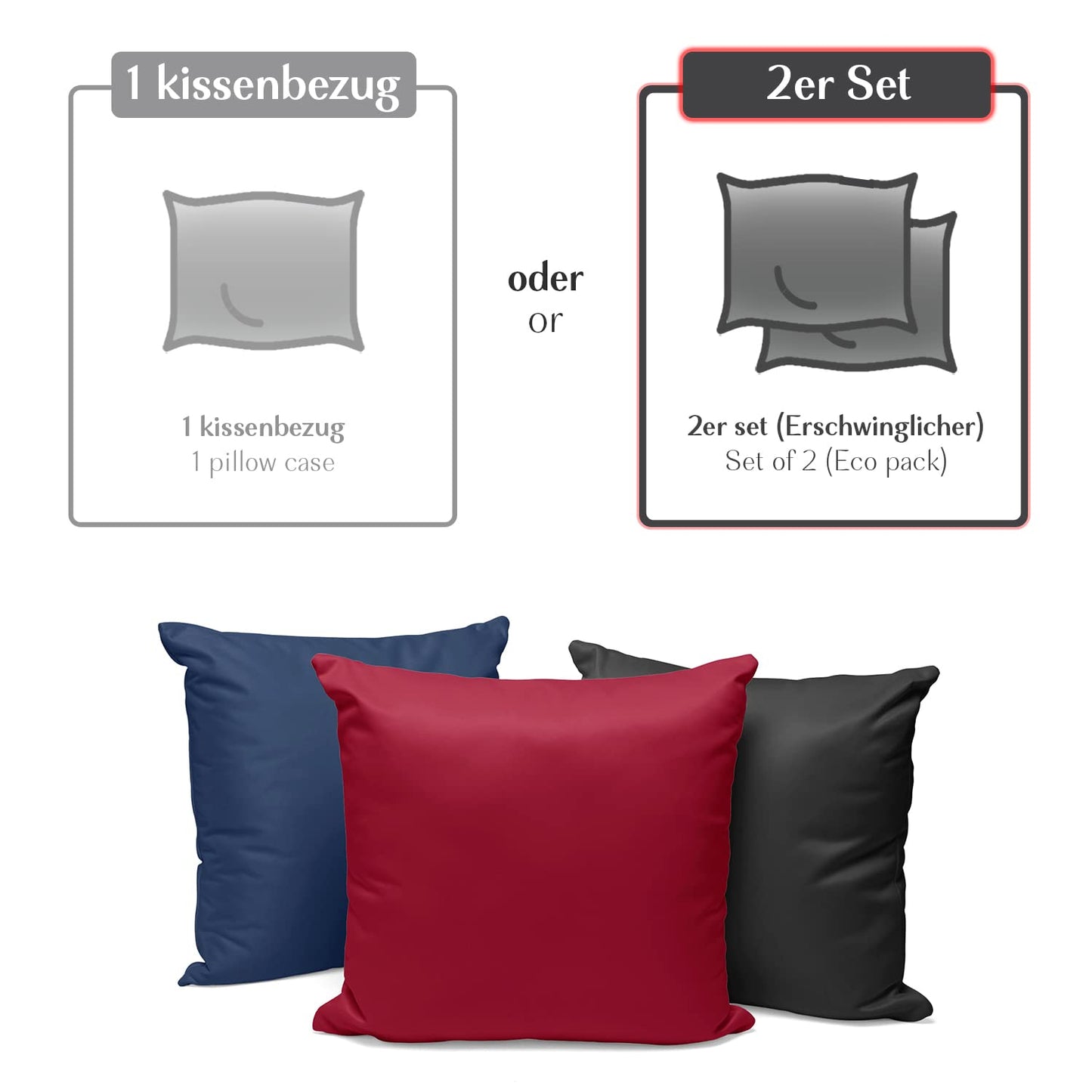 Alreya 2-pack Mako Satin pillowcase 50 x 75 cm - 100% cotton with YKK zipper, super soft pillowcase 50x75, cushion cover, Oeko-TEX® Standard certified, Blue, pillowcase only