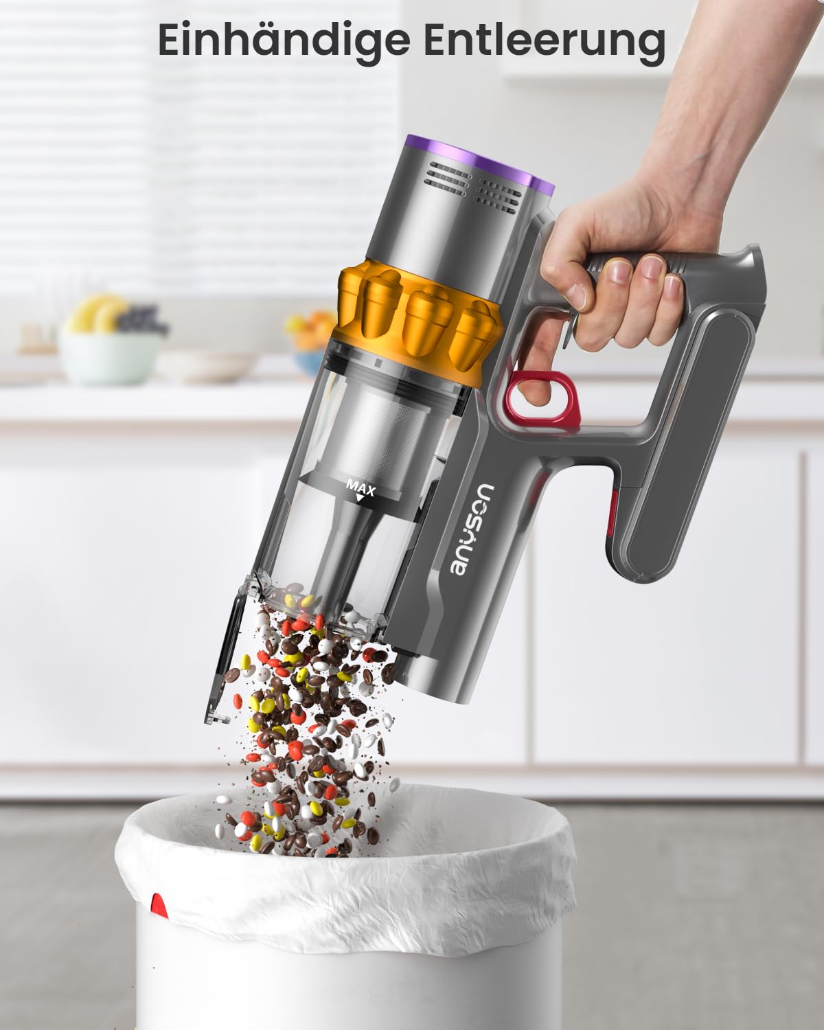 Anyson 45000Pa/550W/70Min Cordless Vacuum, 1.6L Battery Vacuum Super Quiet, Cordless Vacuum Self-charging with LED Display/Anti-Tangle Brush, Stick Vacuum for Hard Floors Carpets Pet Hair.