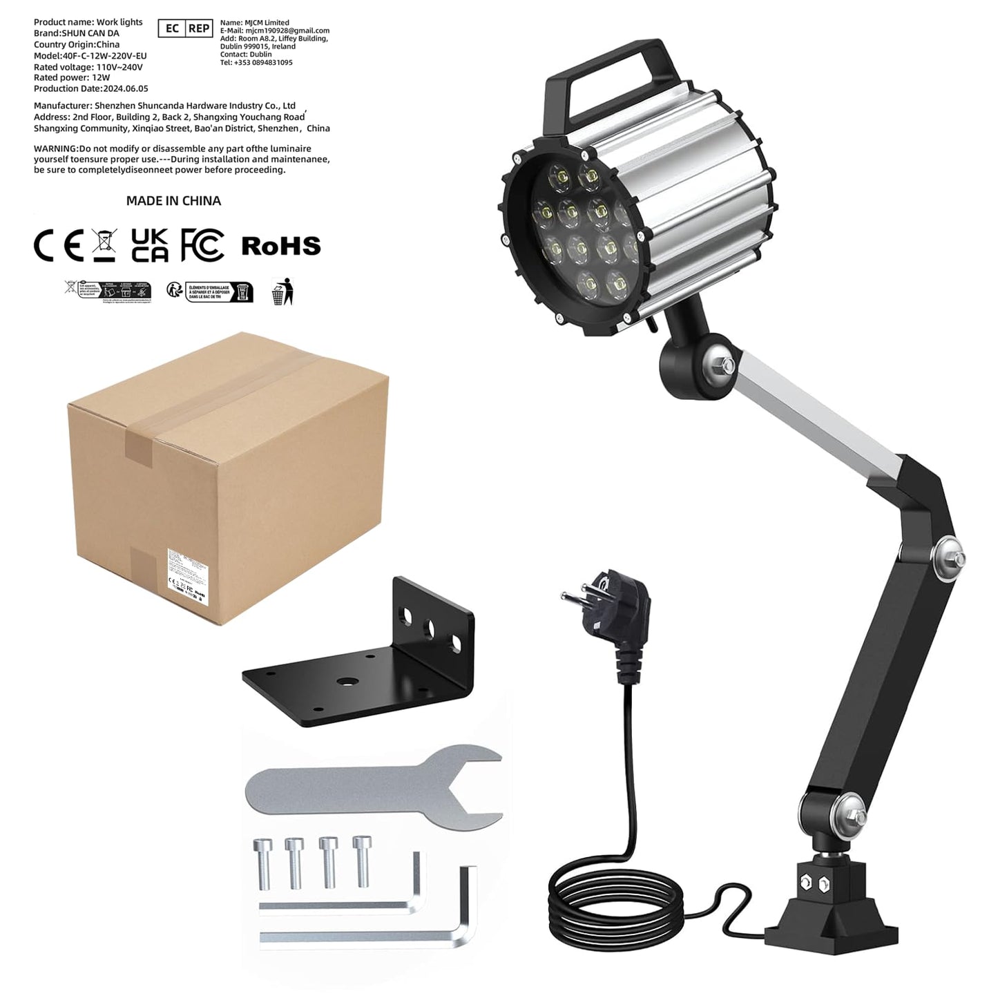 LED Tool Lathe Lamp Machine Light Long Arm 12W 110V 220V Adjustable Waterproof Work Light Spotlight (12W)