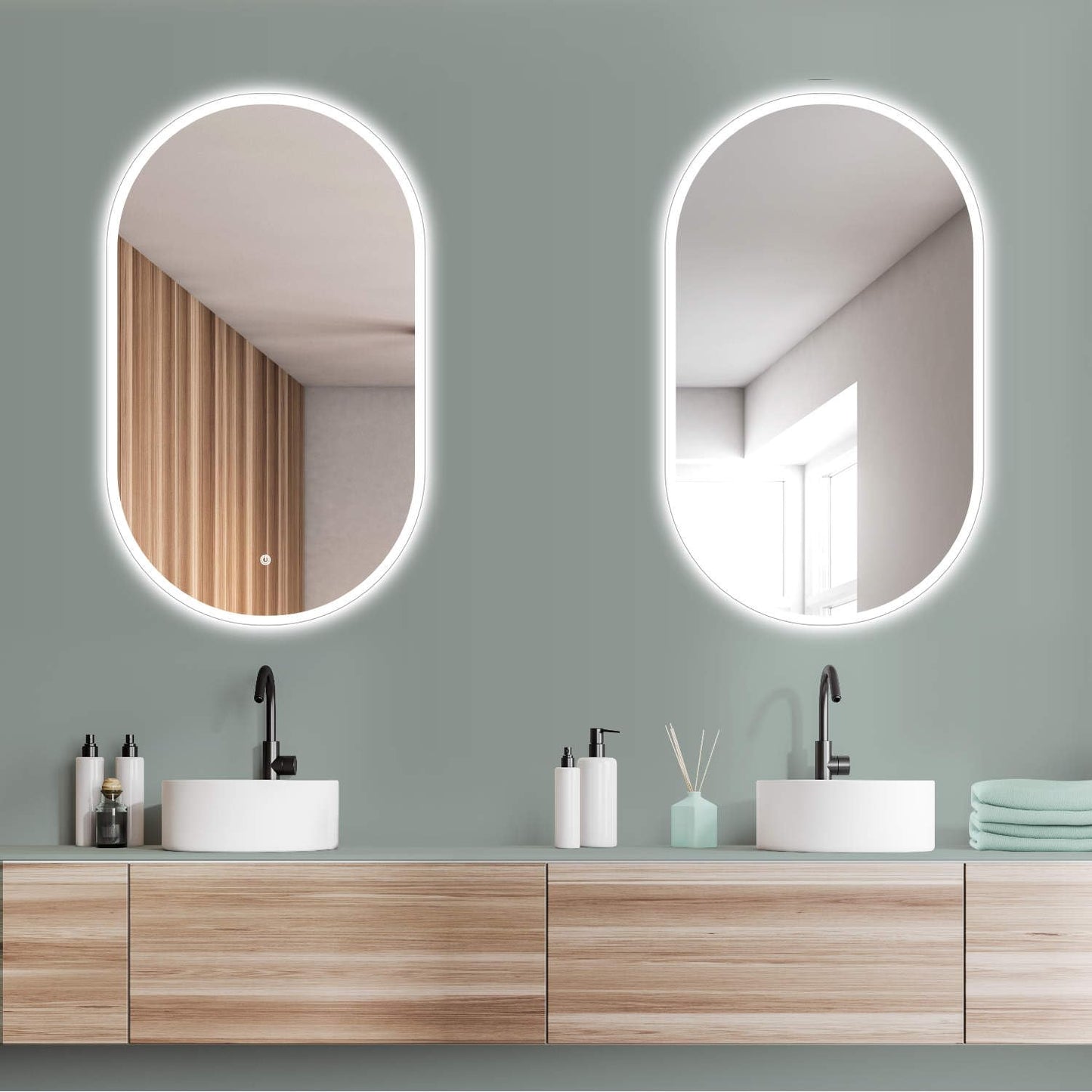 HOKO LED design mirror oval 45 x 75 cm. Can be mounted vertically or horizontally. Illuminated LED bathroom mirror, also for use as a vanity mirror. Features touch switch and adjustable LED lighting - warm white, cool white, neutral.