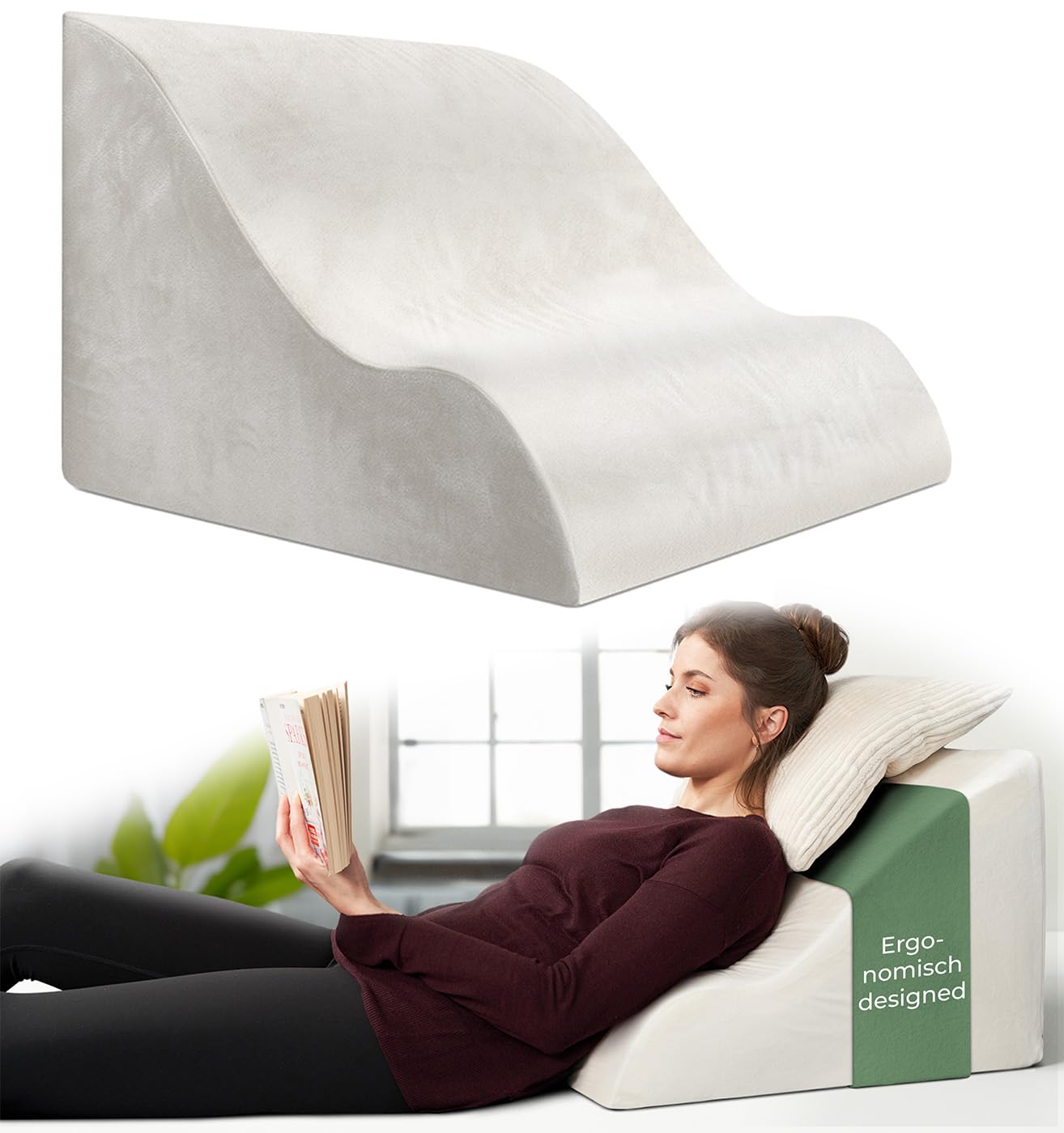 Ergonomic reading pillow for bed and sofa - comfortable back pillow with memory foam - can be used as a reflux pillow, wedge pillow for bed, bed pillow backrest while sitting and lying down, GRAY