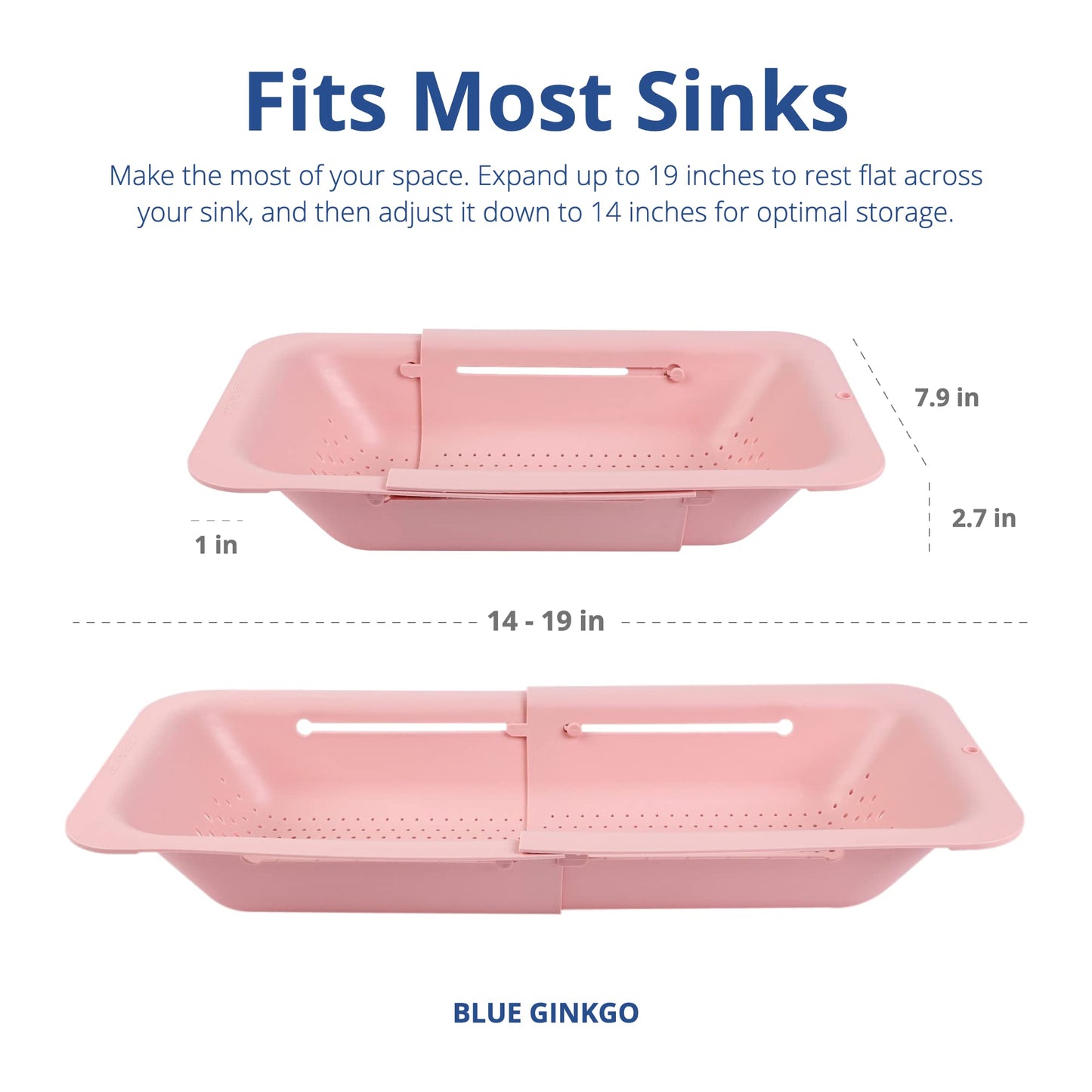 BLUE GINKGO sink strainer - wash vegetables and fruits, drain cooked noodles - retractable - kitchen utensils (20 W x 37~49 L x 7 H) cm - Pink