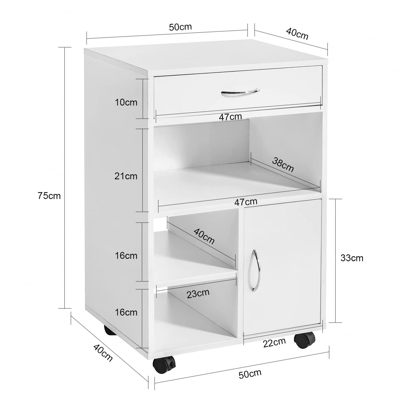 SoBuy printer cart with wheels Mobile printer stand desk cabinet with drawers rolling file cabinet White Side table with wheels for office living room and study 50x75x40cm FBT106-W