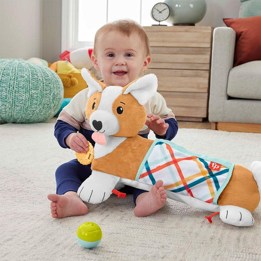 Fisher-Price Baby tummy time toy, 3-in-1 Puppy Play Pillow with BPA-free teether, rattle, and mirror toy.