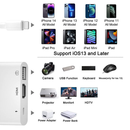 3 in 1 HDMI OTG adapter for iPhone, iPhone Digital AV 1080P HDMI adapter, USB port OTG cable and charging port, support USB flash drive, MIDI keyboard, mouse, for iPhone 14/13/12/11/XS/X/iPad