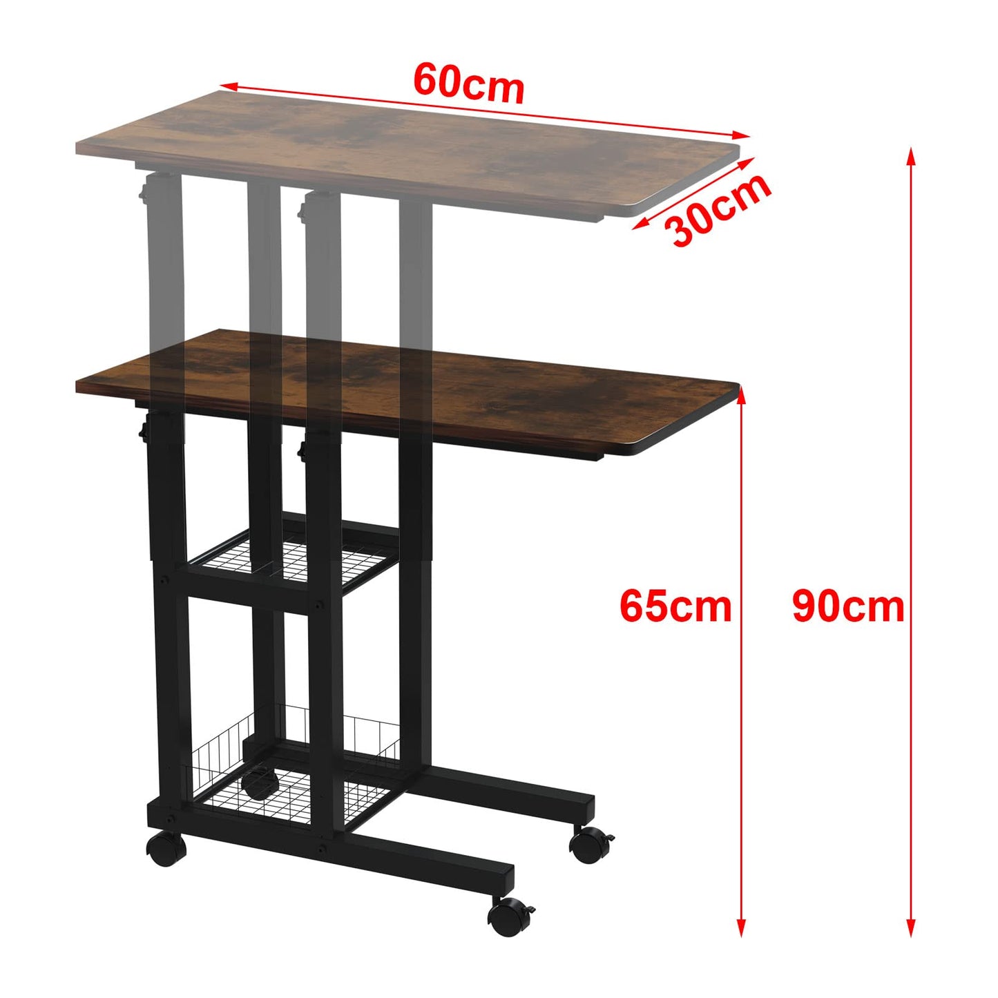 PIPIPOXER side table with wheels laptop table, computer desk height adjustable desk made of wood with 60x30x65cm table top and 4 swivel 360° wheels for computer, laptop, bedroom, office black