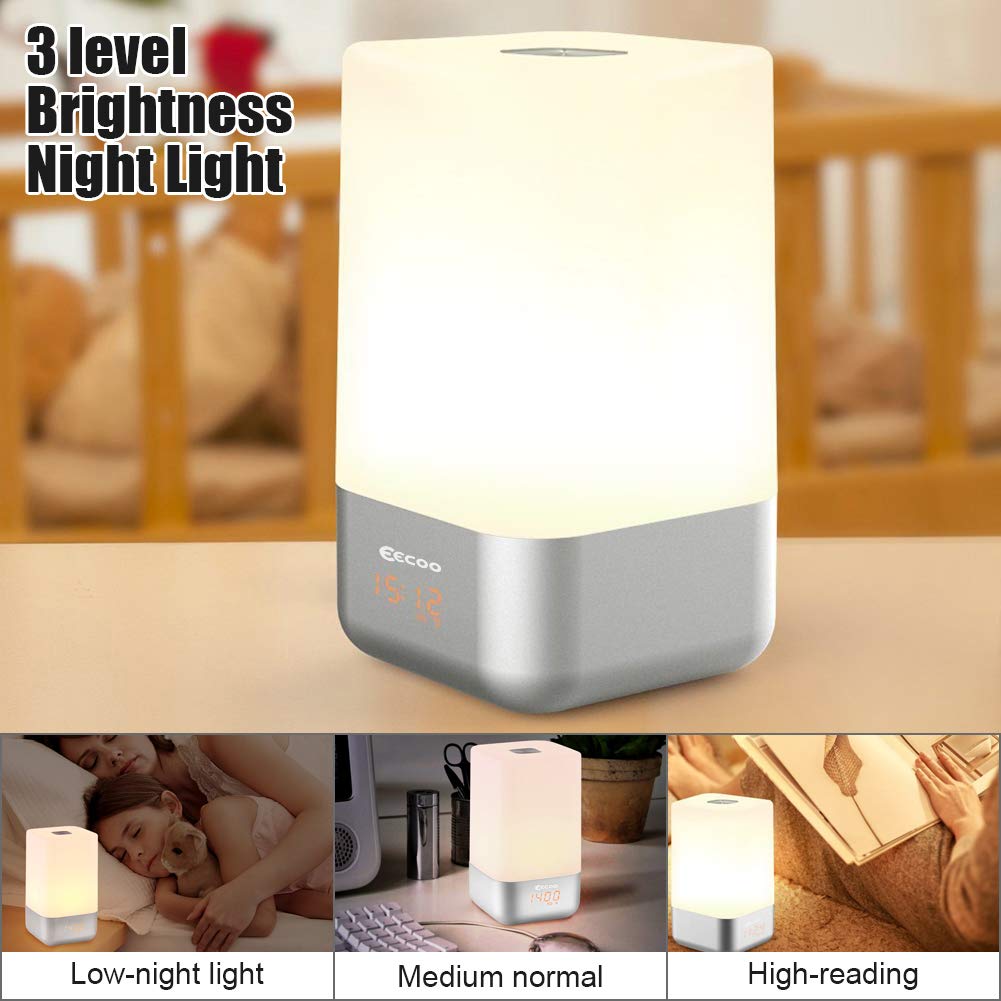 Wake-up light alarm clock, Finether Sunrise alarm clock with 5 nature sounds, USB rechargeable night light touch control lamp.