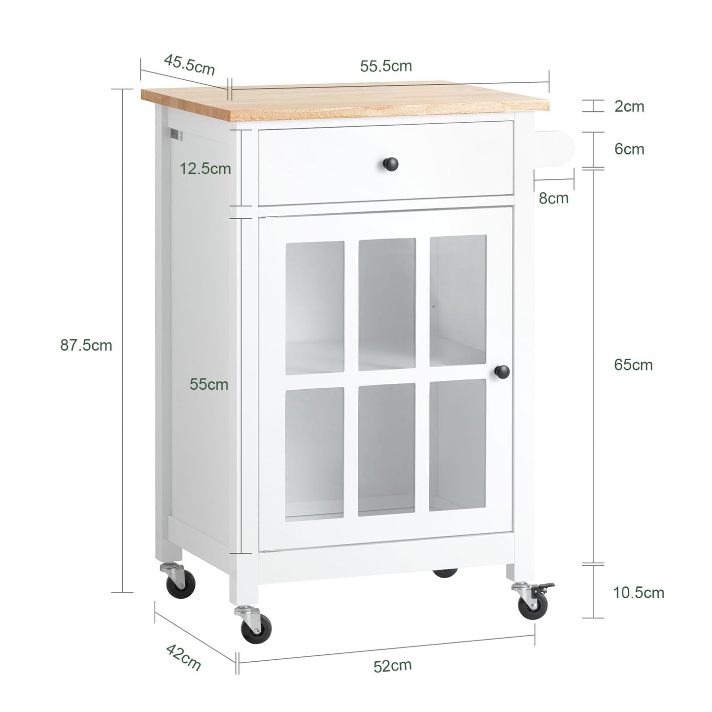 SoBuy FKW98-WN Kitchen Trolley with 1 Door and Drawer Serving Cart with Rubberwood Worktop Side Trolley Trolley White WDH approx. 62x87.5x45.5cm