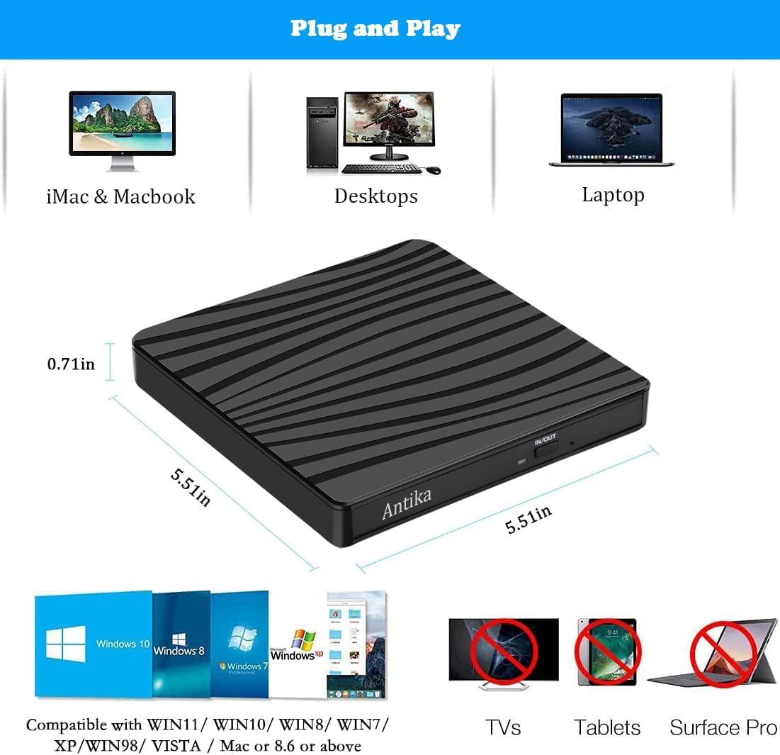 External DVD drive USB 3.0 Type-C Portable CD DVD burner Optical Drive DVD Drive DVD/CD +/-RW External CD Drive for Laptop Desktop with Win11/Win10/Win8/Apple MacPro/MacBook/OS