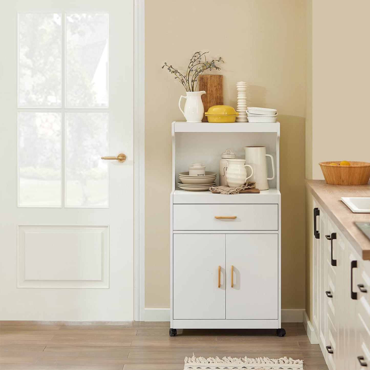 SoBuy® FSB12-W Microwave Cabinet with Wheels Kitchen Cabinet Kitchen Trolley Drinks Trolley with 2 Shelves, 2 Doors and 1 Drawer, White Dimensions approximately: 62x119x40cm