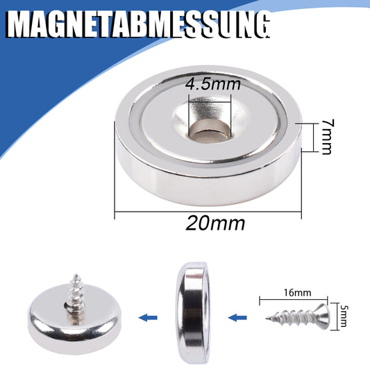 18 pieces Neodymium Magnets Extra Strong 10 KG Force 20 X 7 mm with Hole and Cap, Countersunk Pot Magnet with Screws and Steel Cushions, Strong Magnets for Kitchen, Bathroom, Magnetic Board, Offices
