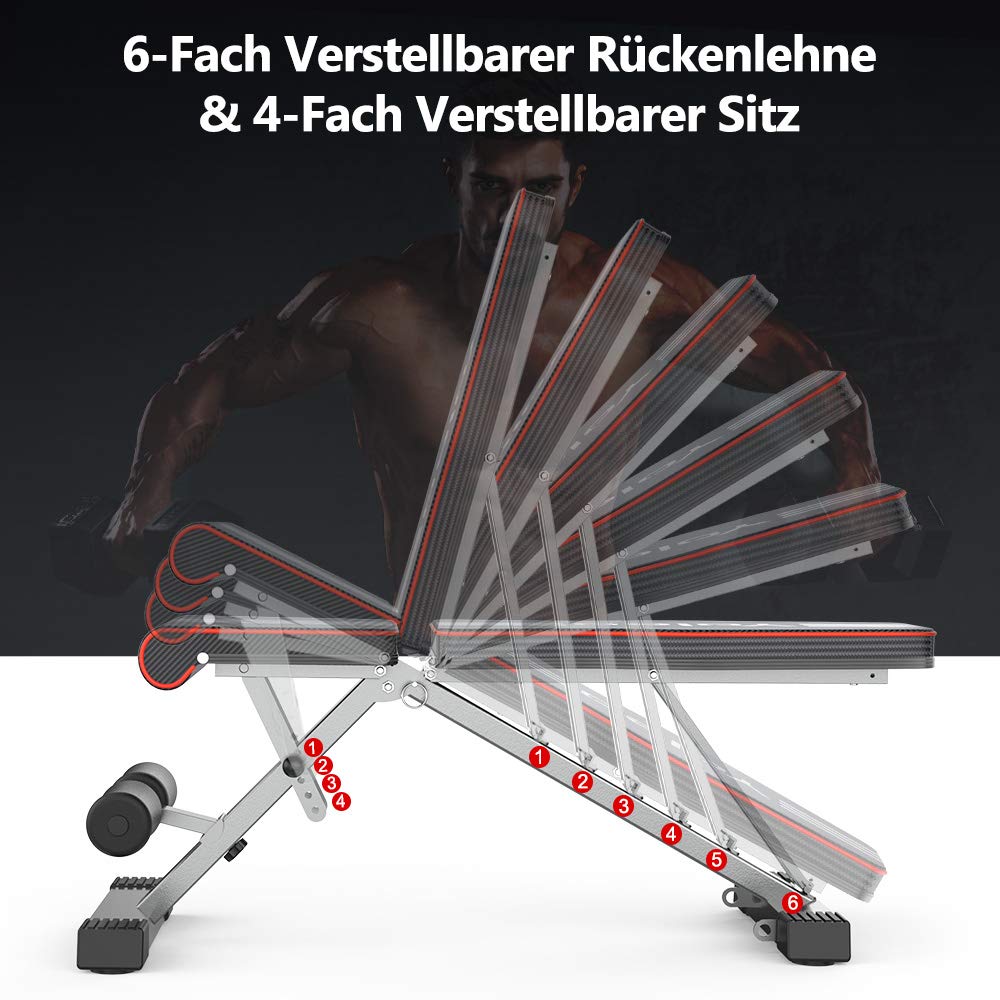 YOLEO folding weight bench Multifunction Training Fitness Bench Abdominal Trainer Incline Bench with 6-position Adjustable Backrest/3-position Adjustable Seat Cushion, Load Capacity 300kg (Elegant Black-Red)